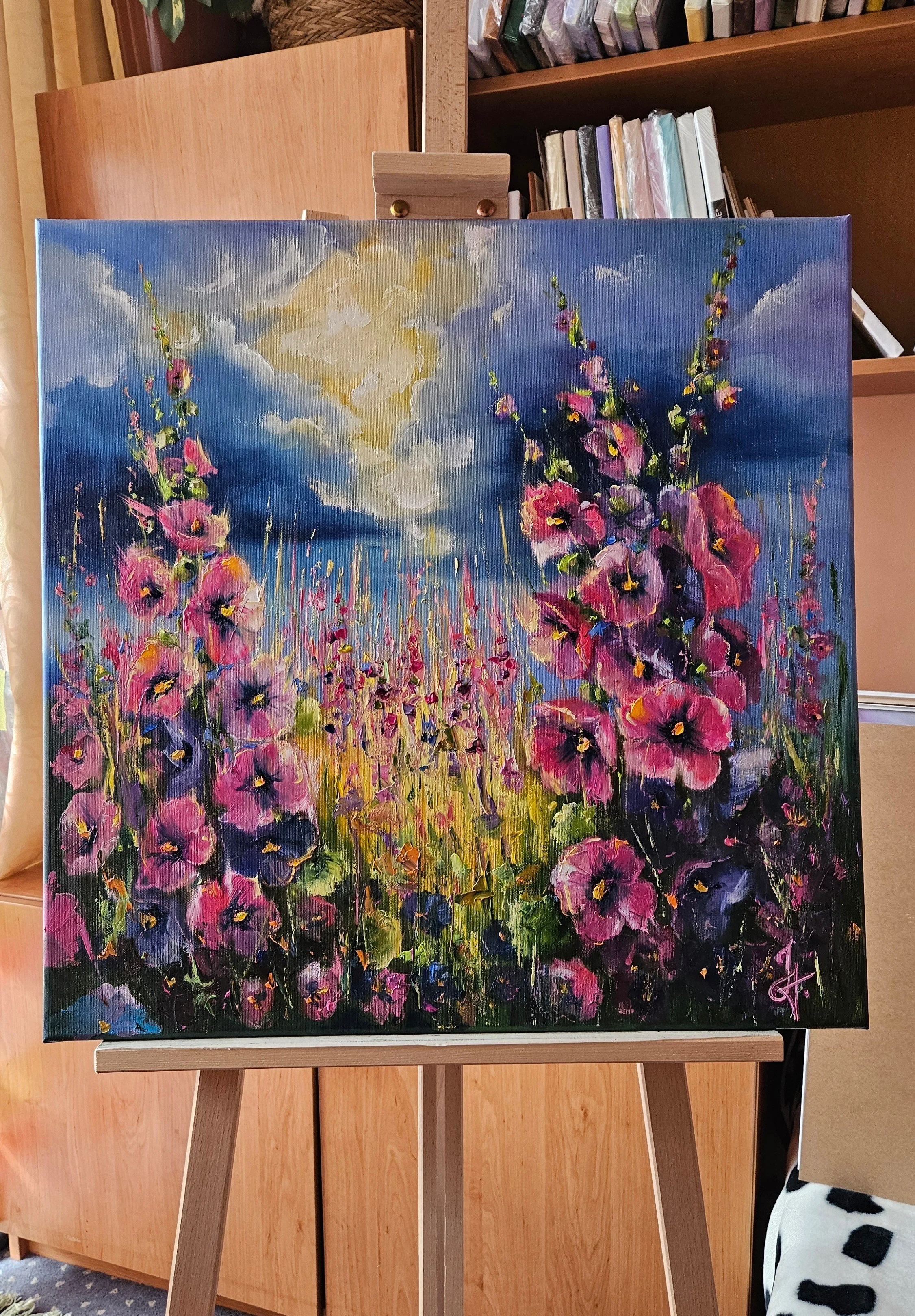 Topoľovky na  letnej lúke. Príroda a kvety v lete. Ručne maľovaný obraz na predaj.