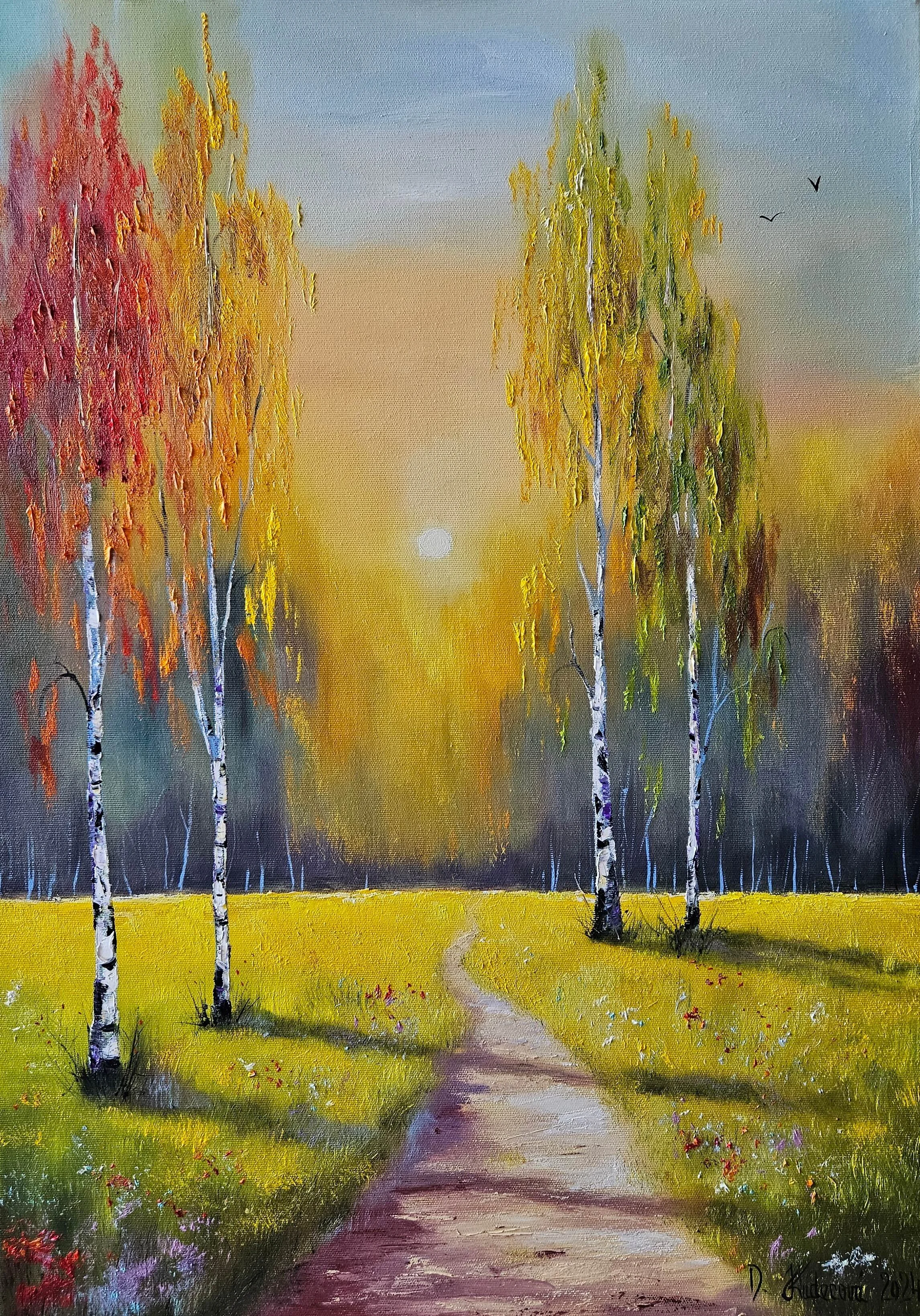 Farebná slenčná jeseň, brezy, pole, západ slnka. Ručne maľovaný obraz.