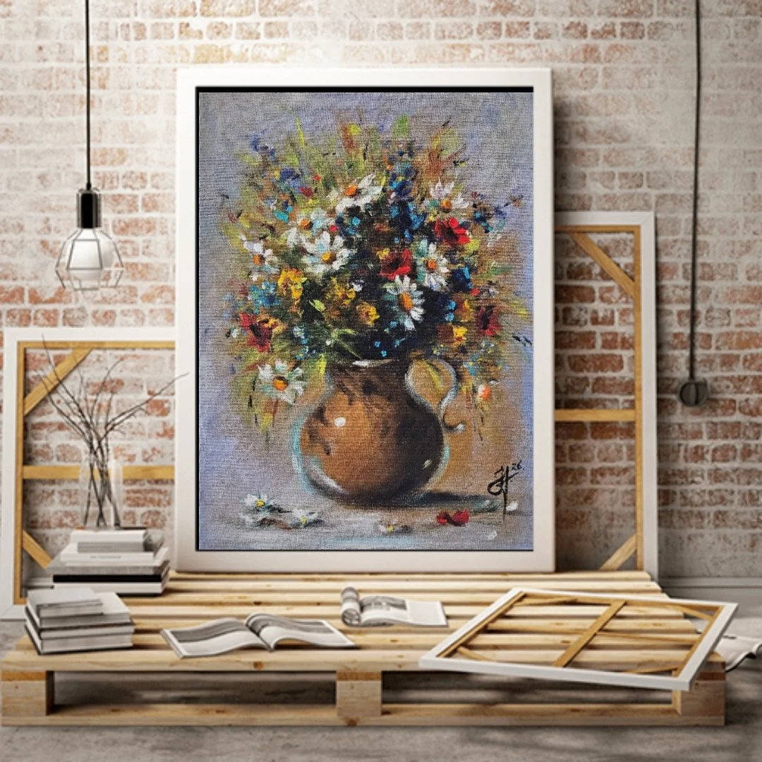 Lúčne kvety v džbáne. Zátišie s poľnými kvetmi. Ručne maľovaný obraz na predaj.