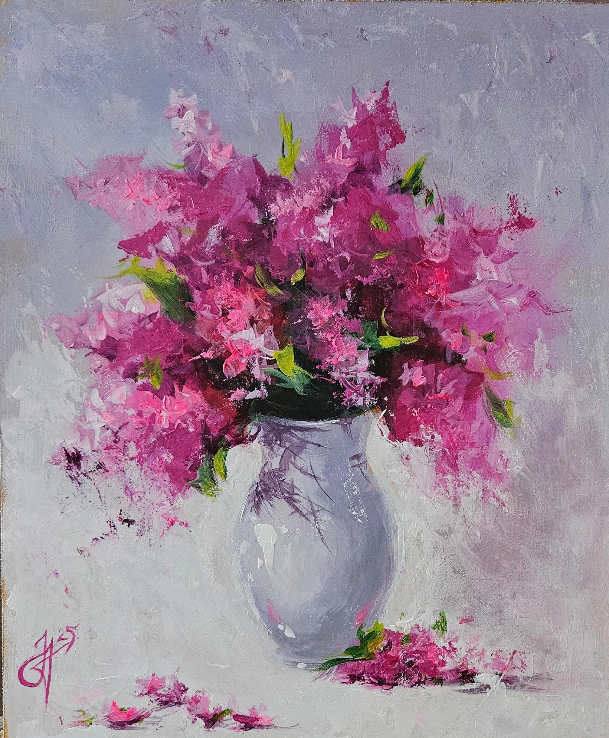 Ružové kvety vo váze. Zátišie s kvetmi na bielom pozadí. Ručne maľovaný obraz na predaj.