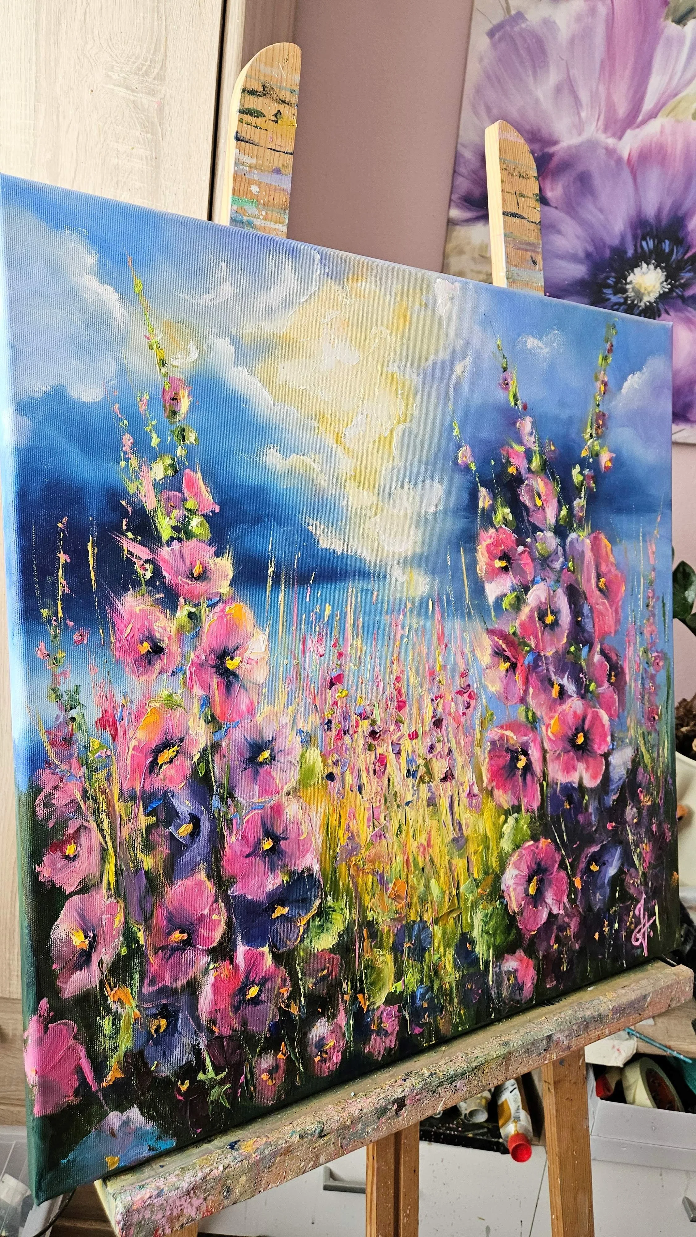 Topoľovky na  letnej lúke. Príroda a kvety v lete. Ručne maľovaný obraz na predaj.