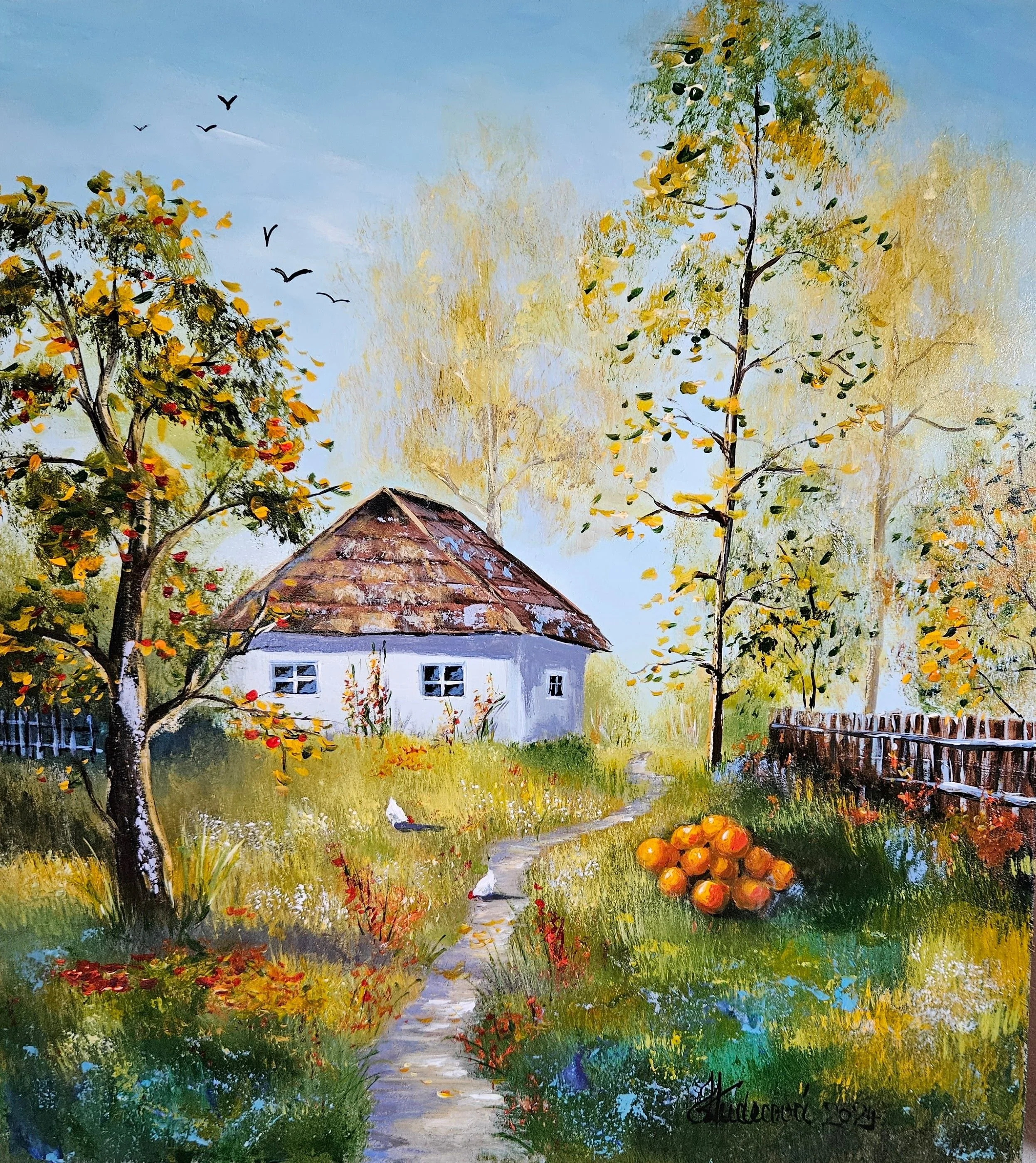 Teplá slnečná jeseň na vidieku. Domček, tekvice, plot, stromy, esenné lístie. Ručne maľovaný obraz.