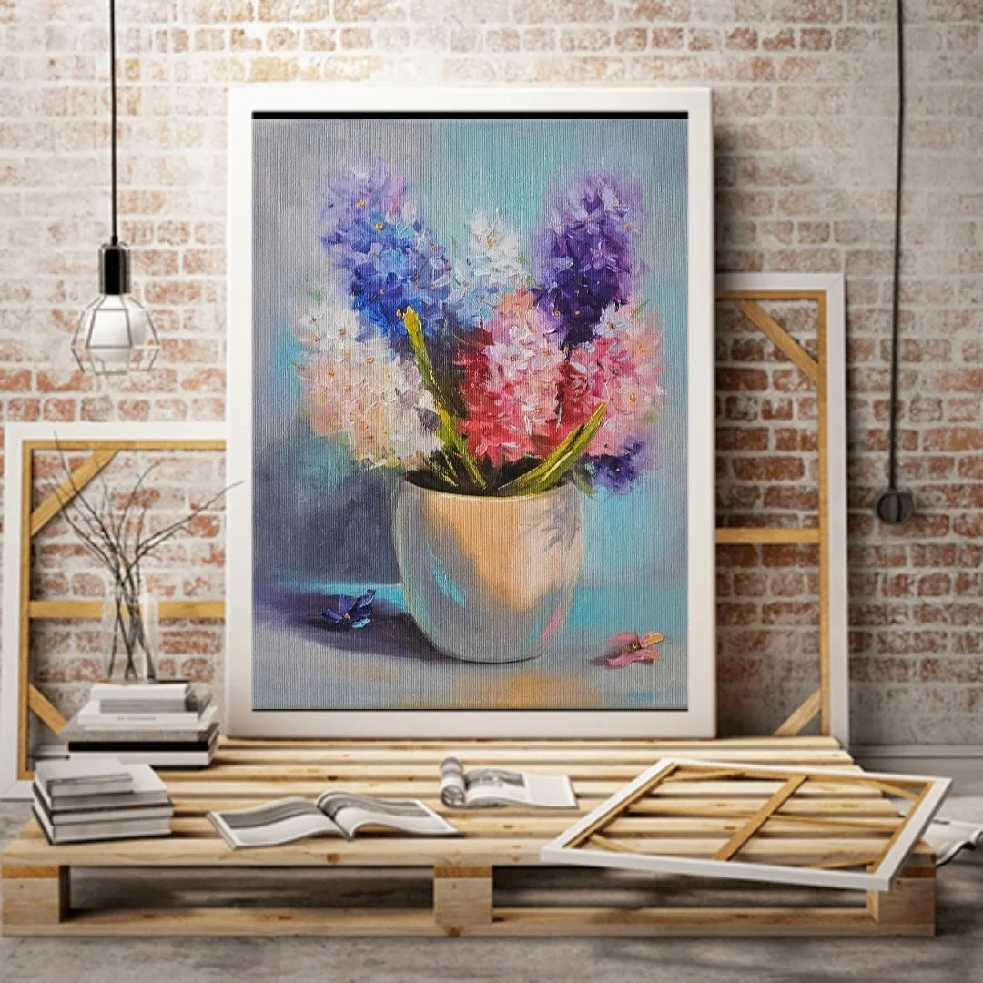 Farebné hyacinty v črepníku. Ručne maľovaný obraz na predaj.