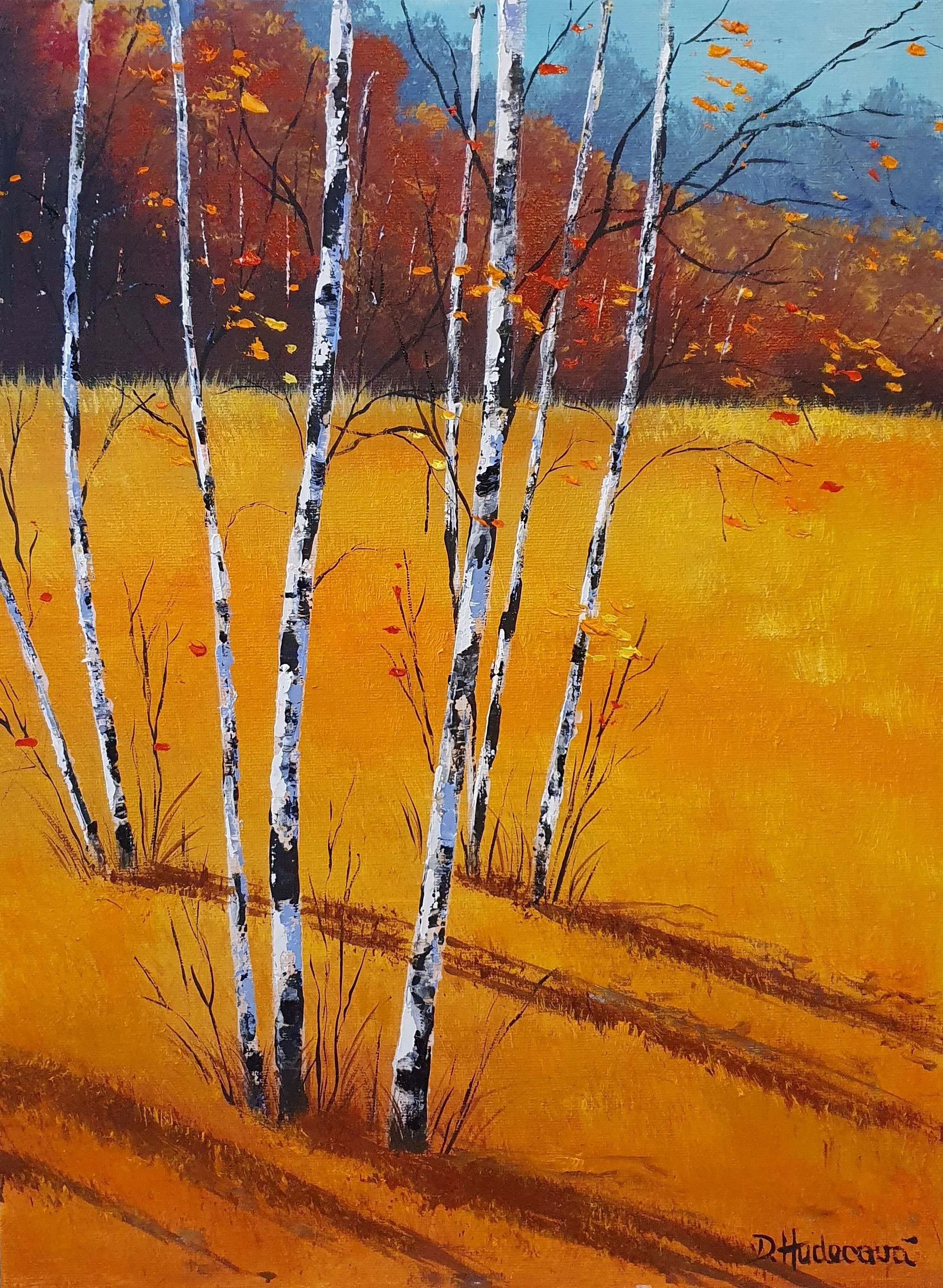 Ručne maľovaný obraz "Brezy v poli" . Teplá slnečná jeseň v prírode.