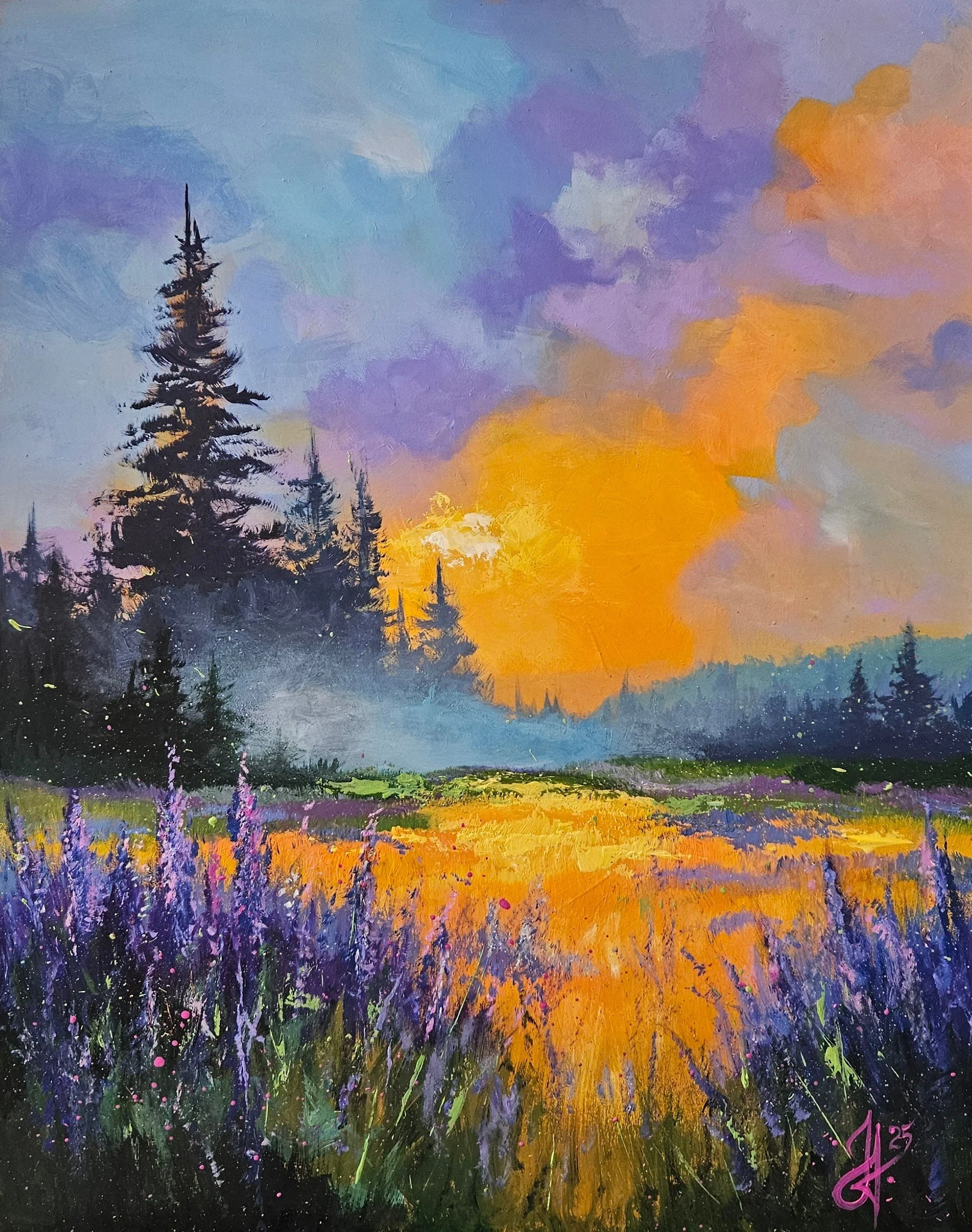 Večerná obloha na čistinke pri lese. Zlaté lúče slnka , fialové kvety, lúka v lete. Ručne maľovaný obraz na predaj.