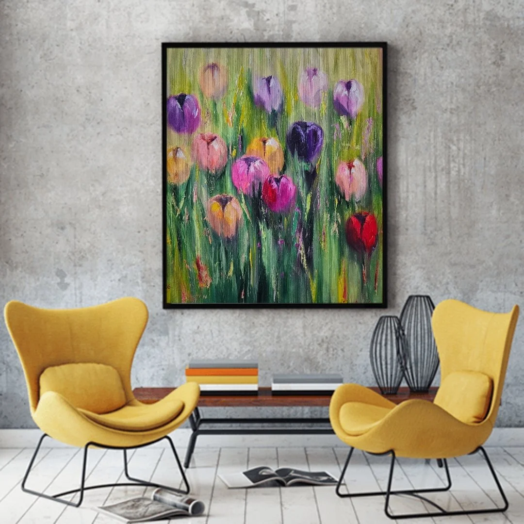 Jarné kvety.  Farebné tulipány v záhrade. Moderný ručne maľovaný obraz na predaj.