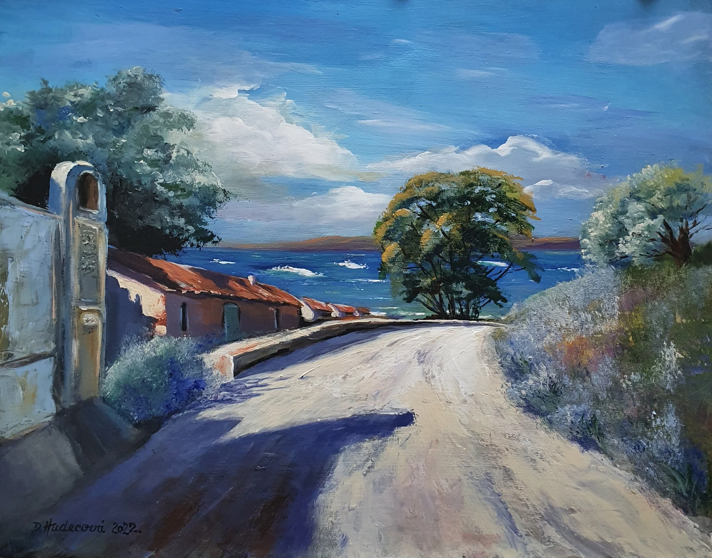 Letný deň pri mori, provinčné mestečko niekde na juhu. Cesta, budovy, slnko, more, prázdniny. Ručne maľovaný obraz na predaj.