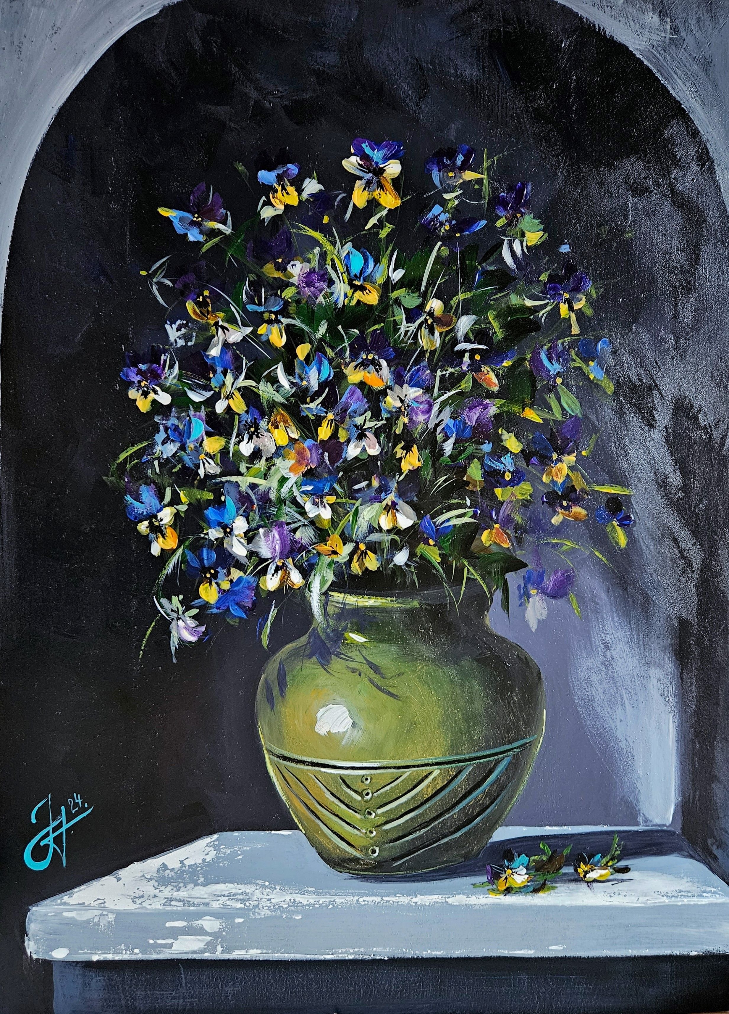 Sirôtky v zelenom džbáne.  Zátišie  s lúčnymi kvetmi. Ručne maľovaný obraz na predaj. Vintage štýl.