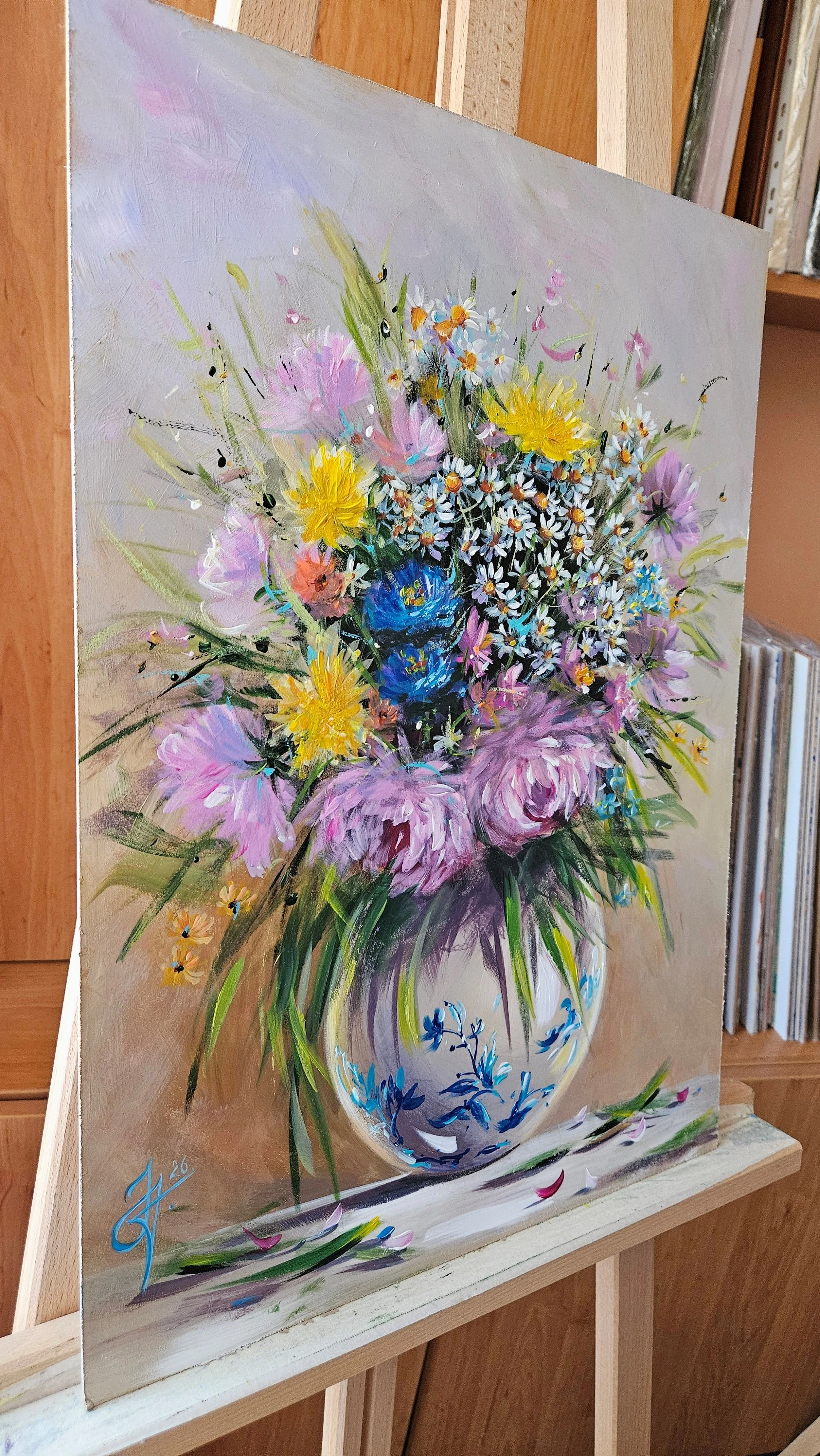 Kytica letných kvetov vo váze. Zátišie s kvetmi. Ručne maľovaný obraz na predaj.