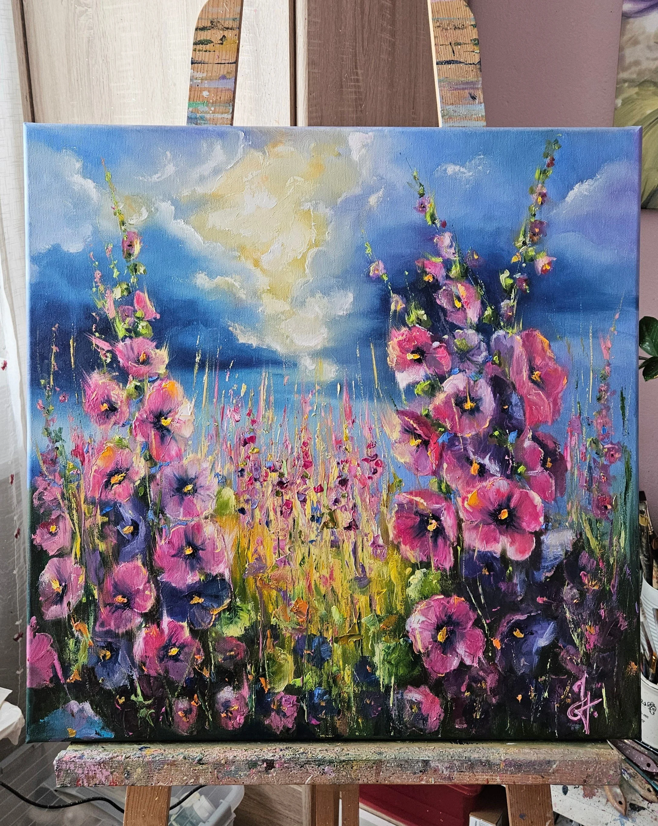 Topoľovky na  letnej lúke. Príroda a kvety v lete. Ručne maľovaný obraz na predaj.