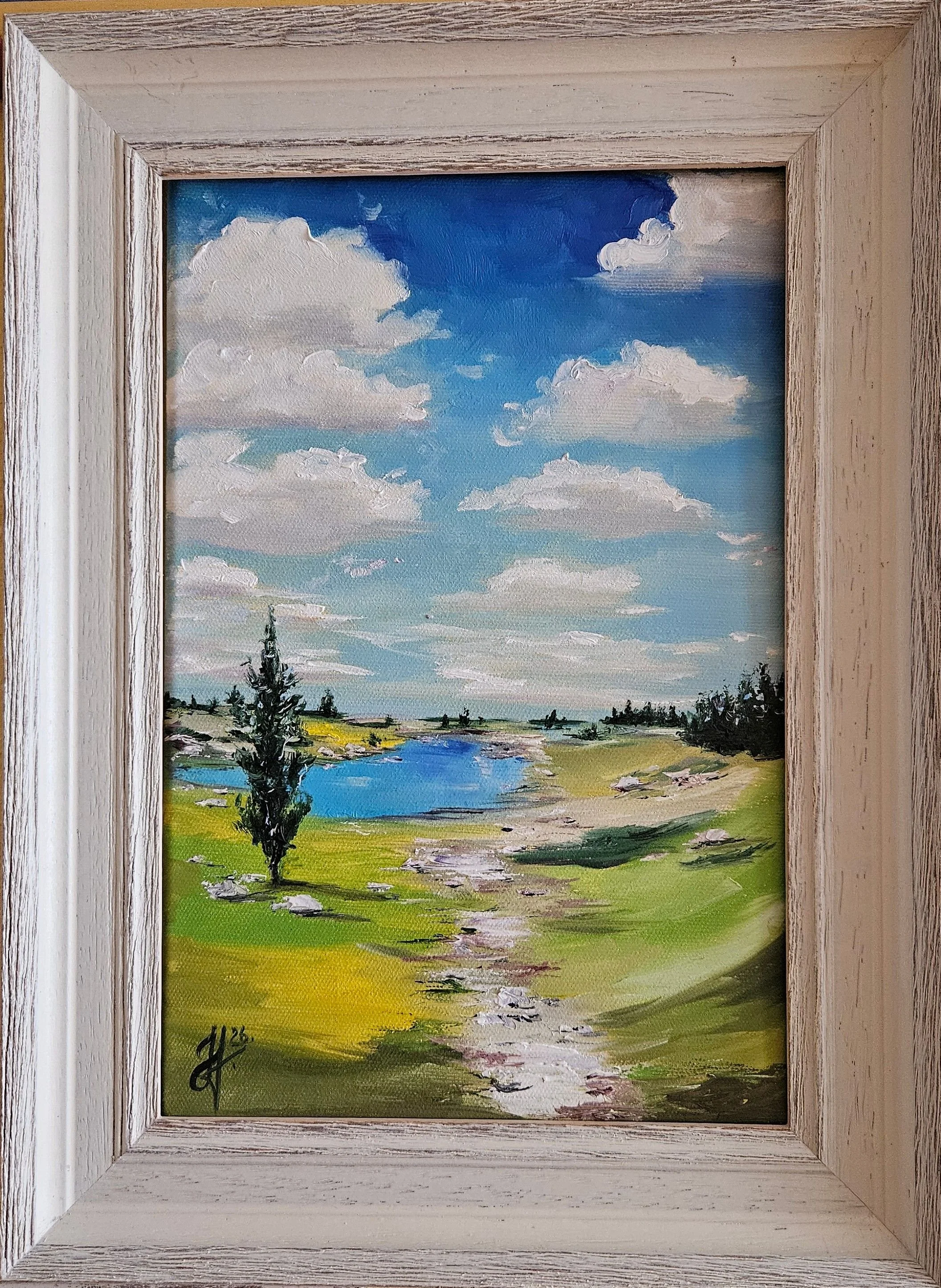 Letný deň v prírode. Jazero v údolí. Ručne maľovaný obraz na predaj.