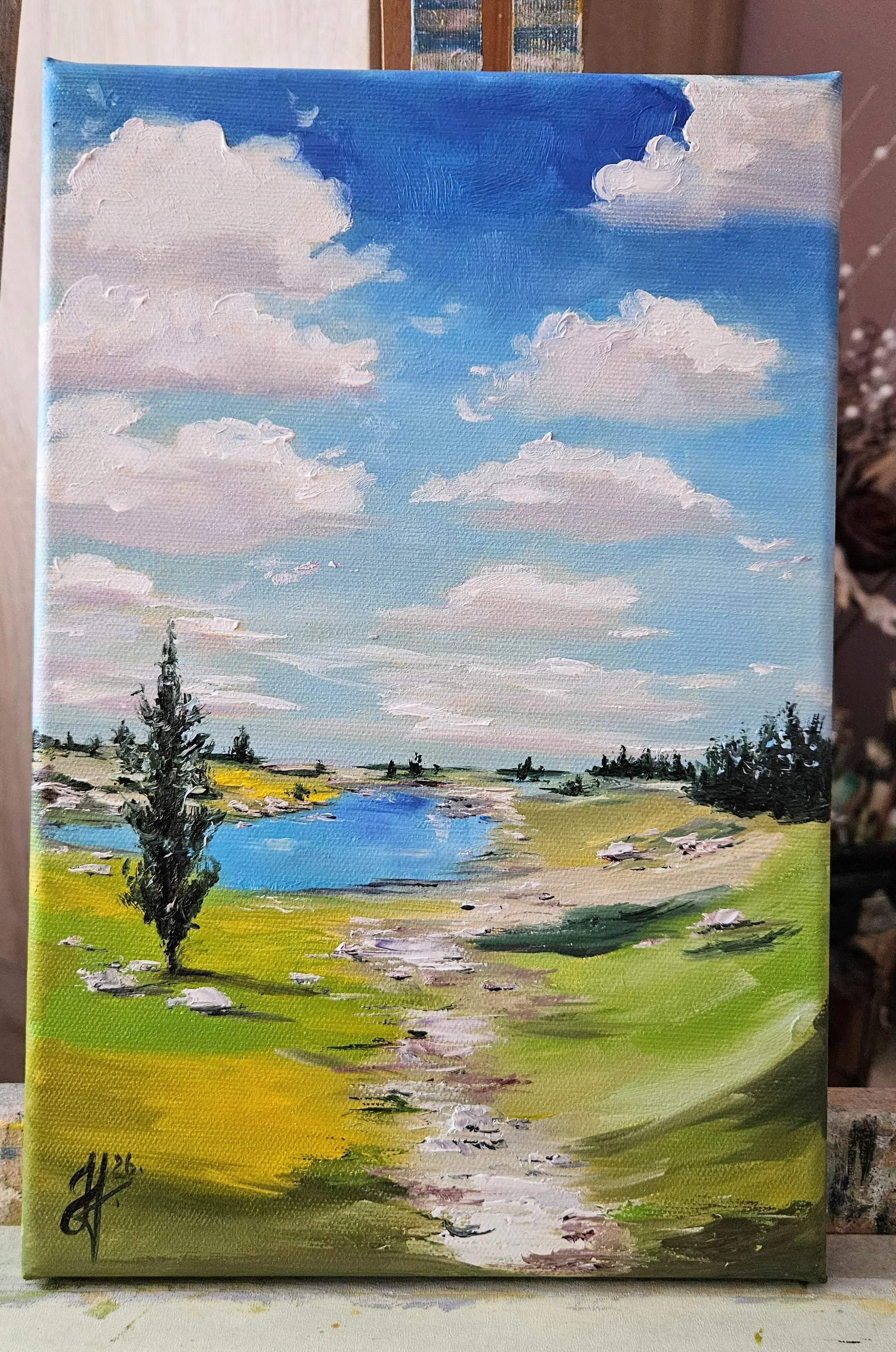 Letný deň v prírode. Jazero v údolí. Ručne maľovaný obraz na predaj.