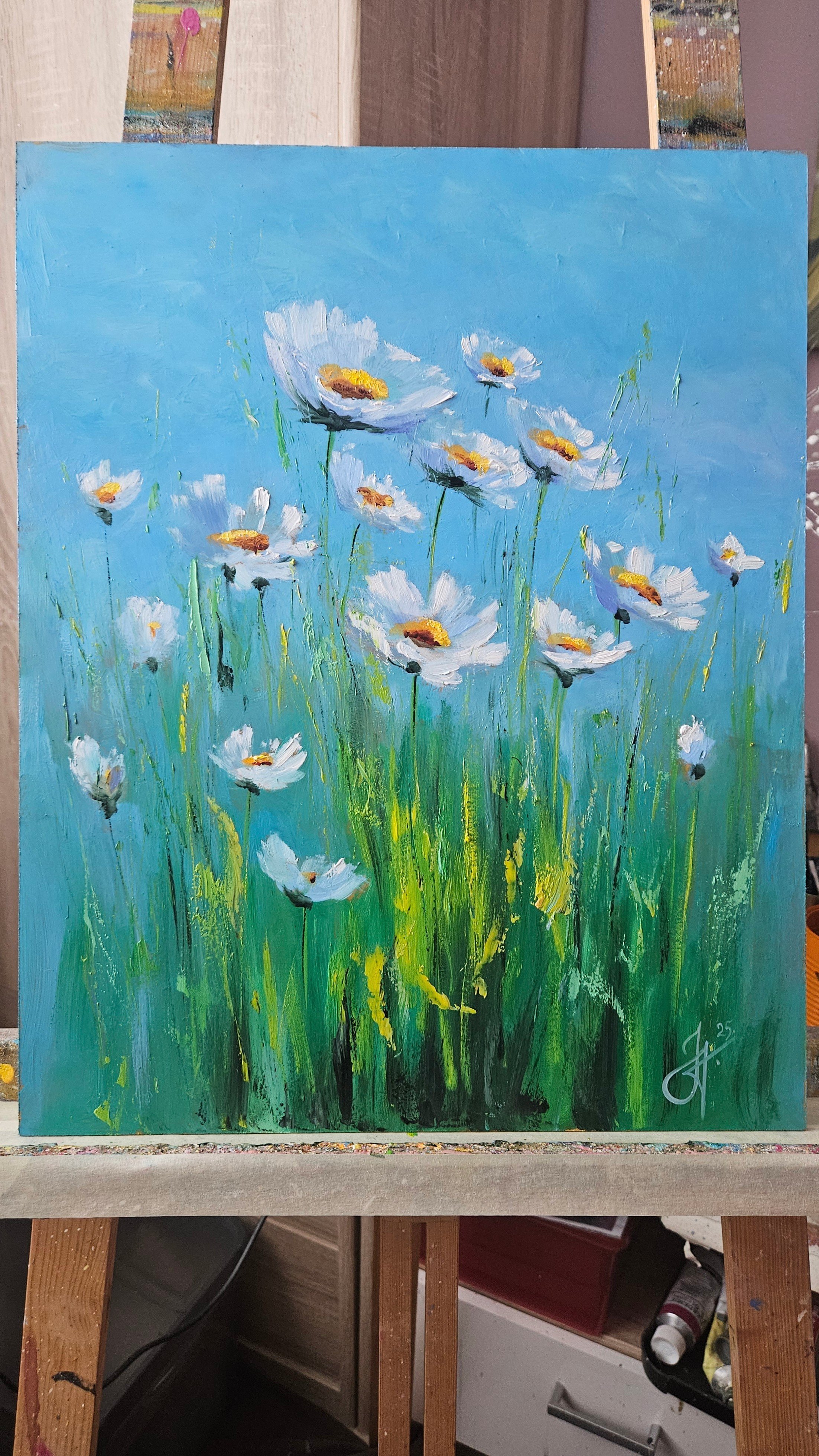 Margaréty na letnej lúke. Lúčne kvety. Ručne maľovaný obraz na predaj.