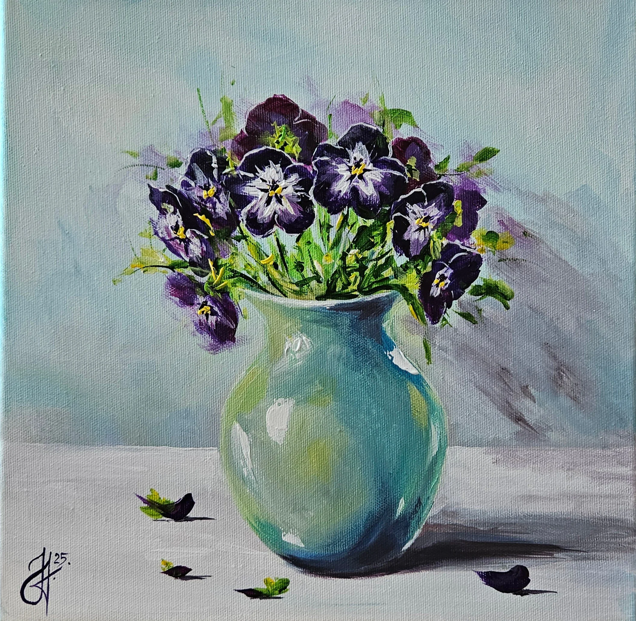 Fialové sirôtky v tyrkysovej váze. Zátišie s kvetmi. Ručne maľovaný obraz na predaj.