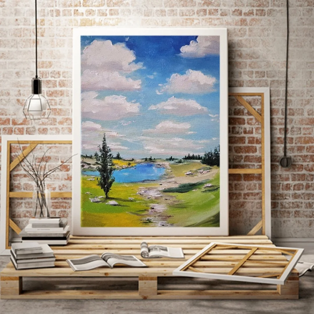 Letný deň v prírode. Jazero v údolí. Ručne maľovaný obraz na predaj.