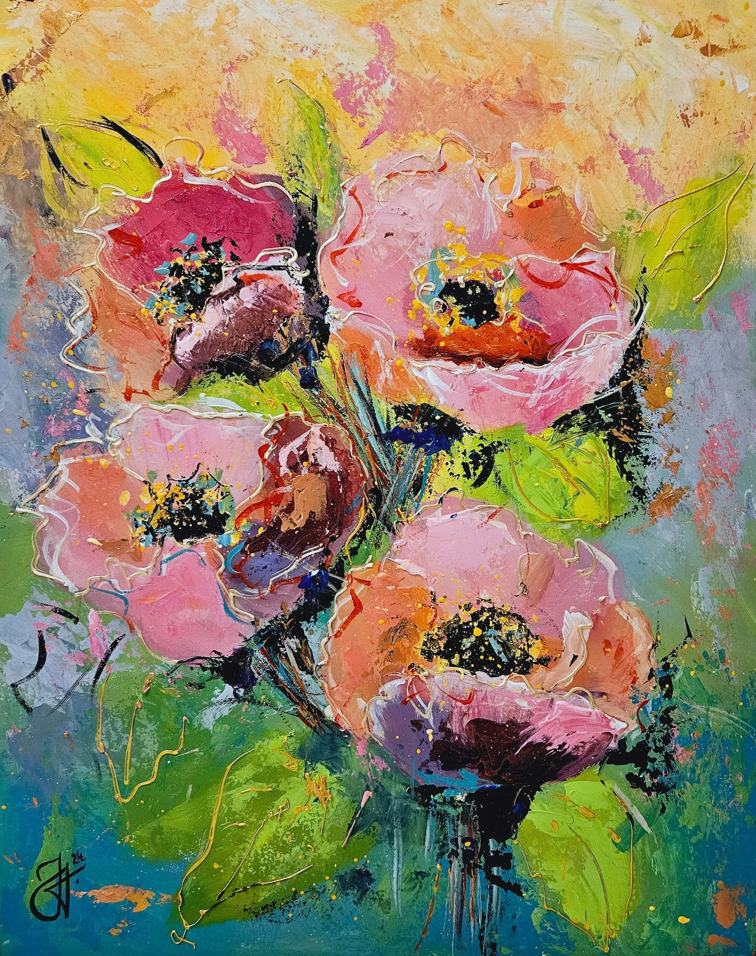 Obraz s ružovými makmi  na pastelovom pozadí, so zlatými odleskami. Moderný obraz s kvetmi.