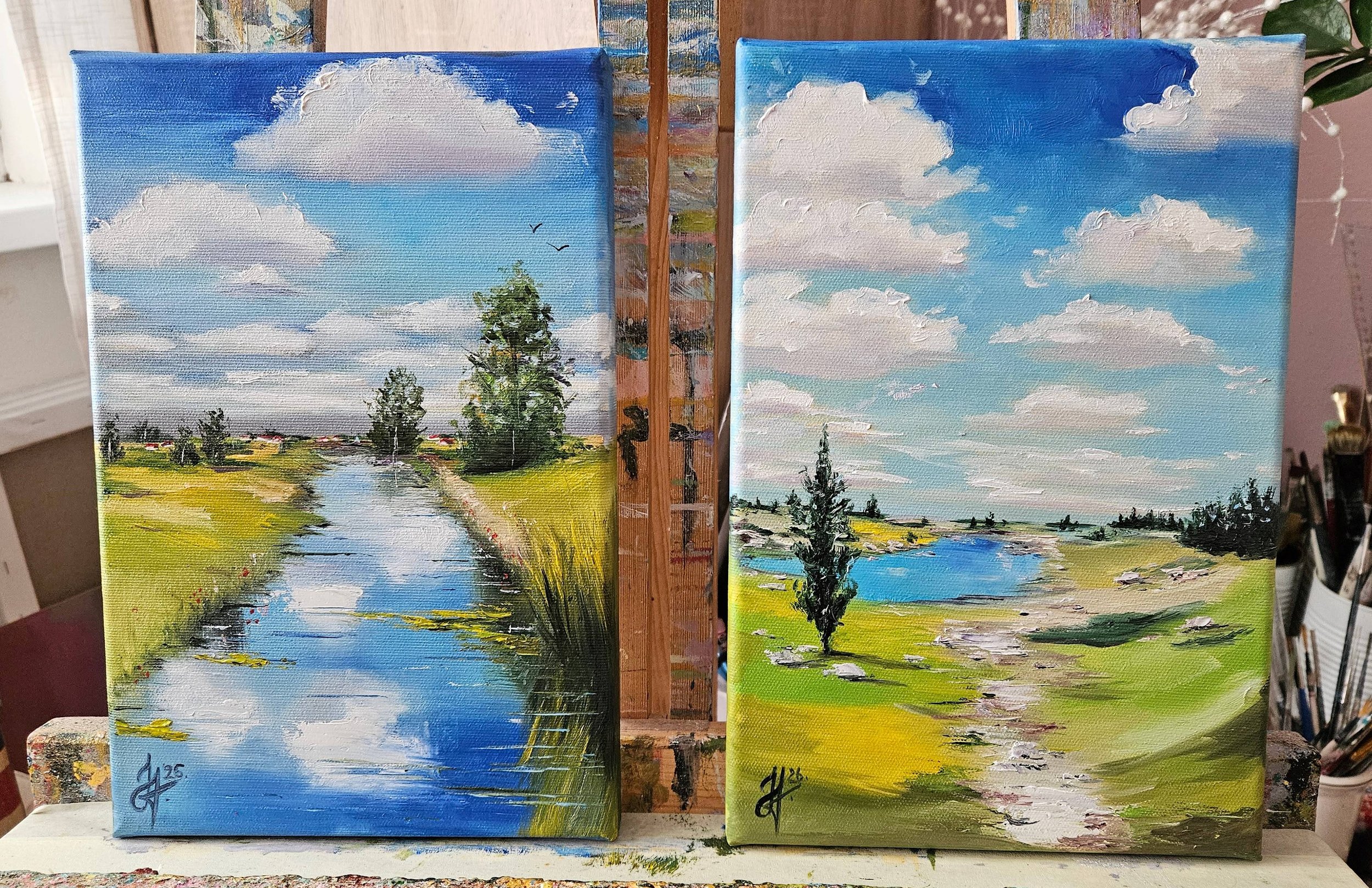 Letný deň v prírode. Jazero v údolí. Ručne maľovaný obraz na predaj.