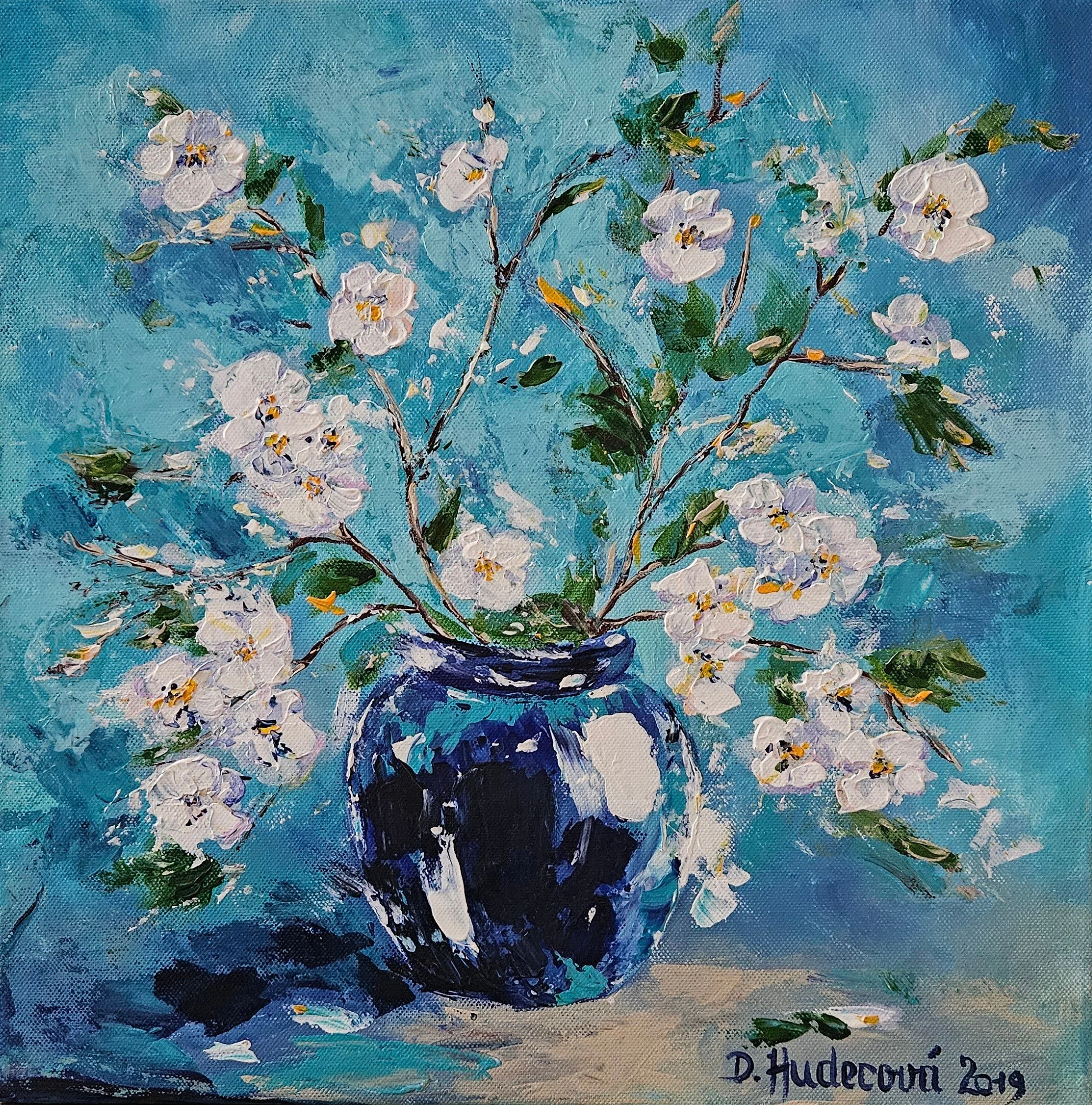 Obraz "Biele kvety v tyrkysovej váze" - 40x40cm