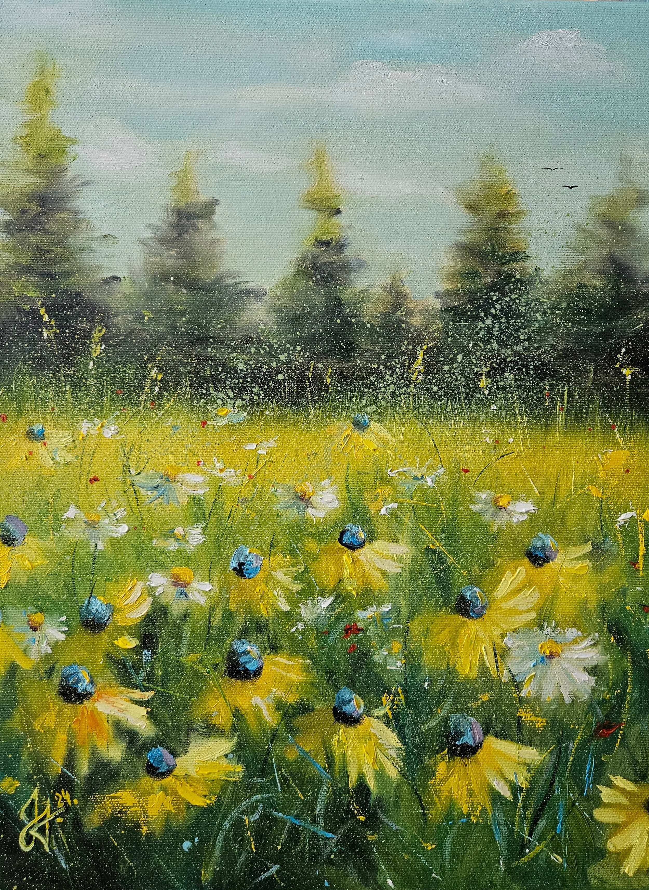 Kvety na lúke pri lese. Letná príroda. Žlté rudbekie.