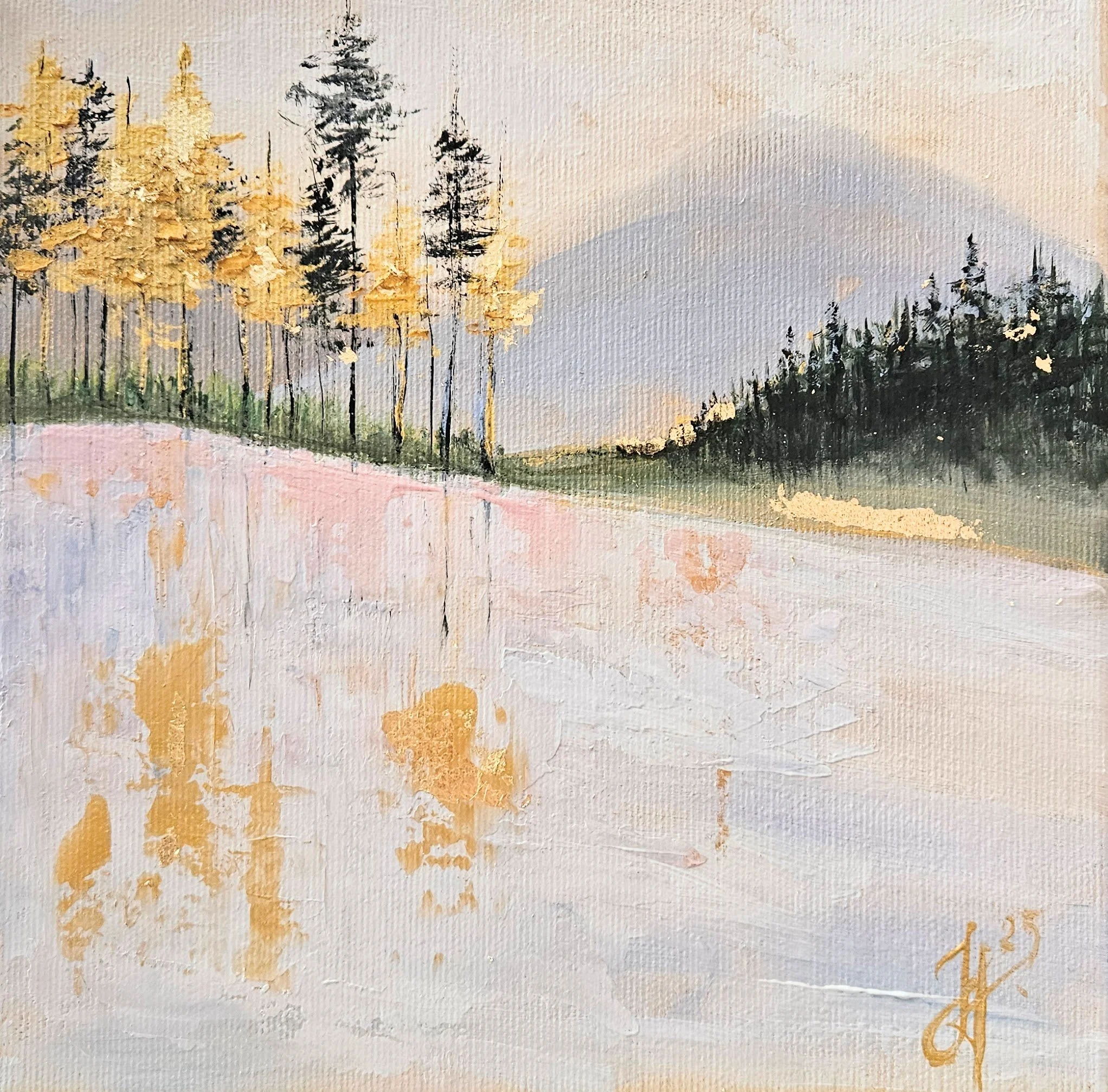 Stromy v zimnej prírode, zlaté odlesky. Ručne maľovaný obraz na predaj.