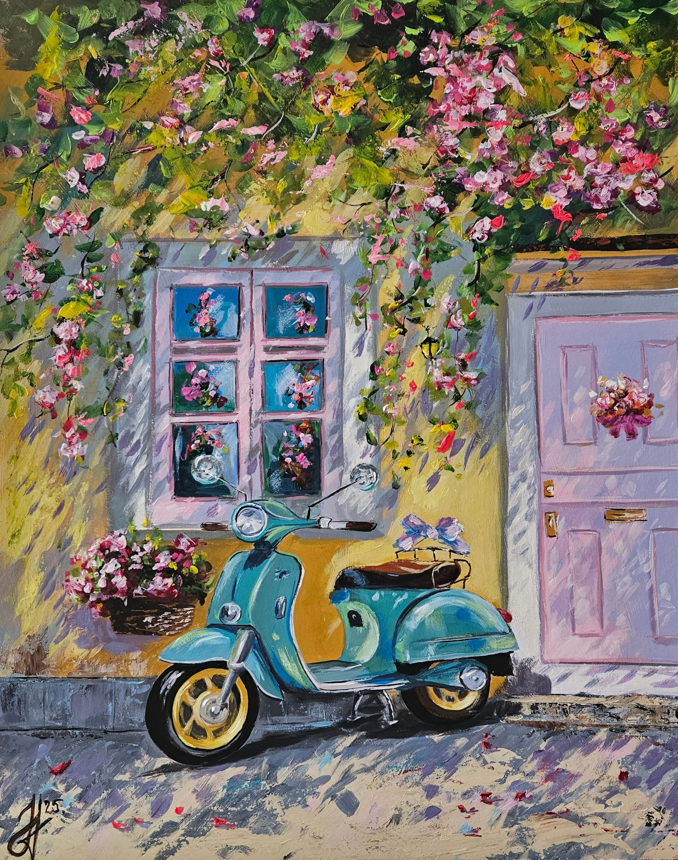 Južanská atmosféra, moped, okno, dvere, kvety. Letný deň  na talianskom juhu. Ručne maľovaný obraz na predaj.