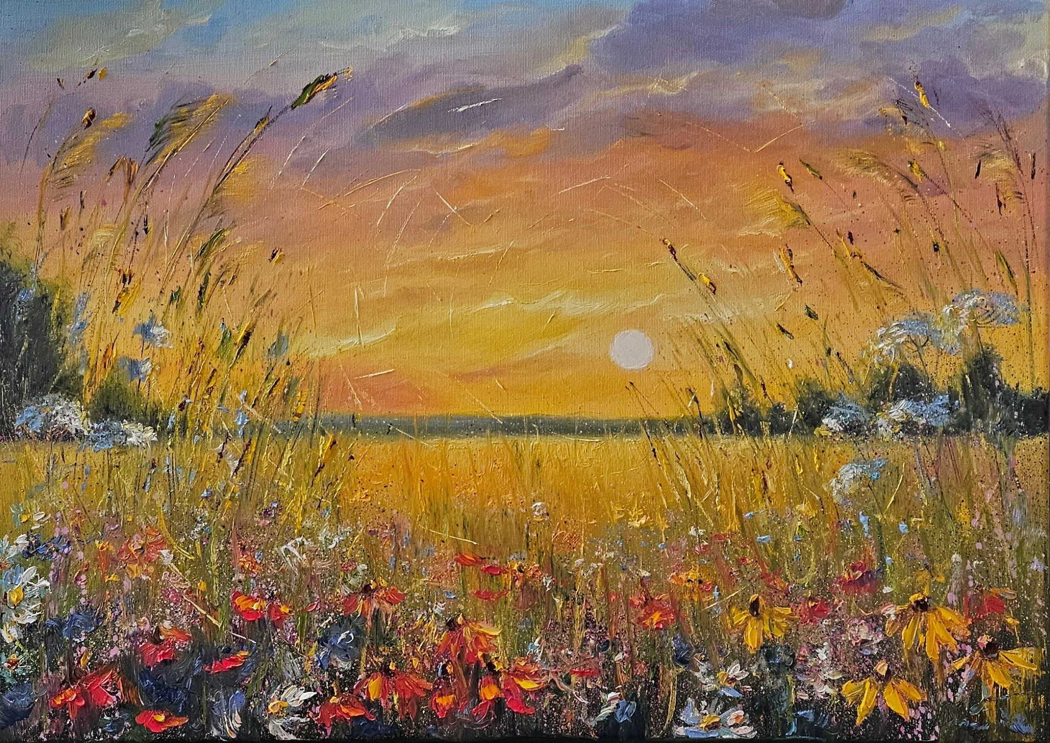 Večer na lúke. Príroda,  kvety, západ slnka. Ručne maľovaný obraz na predaj.