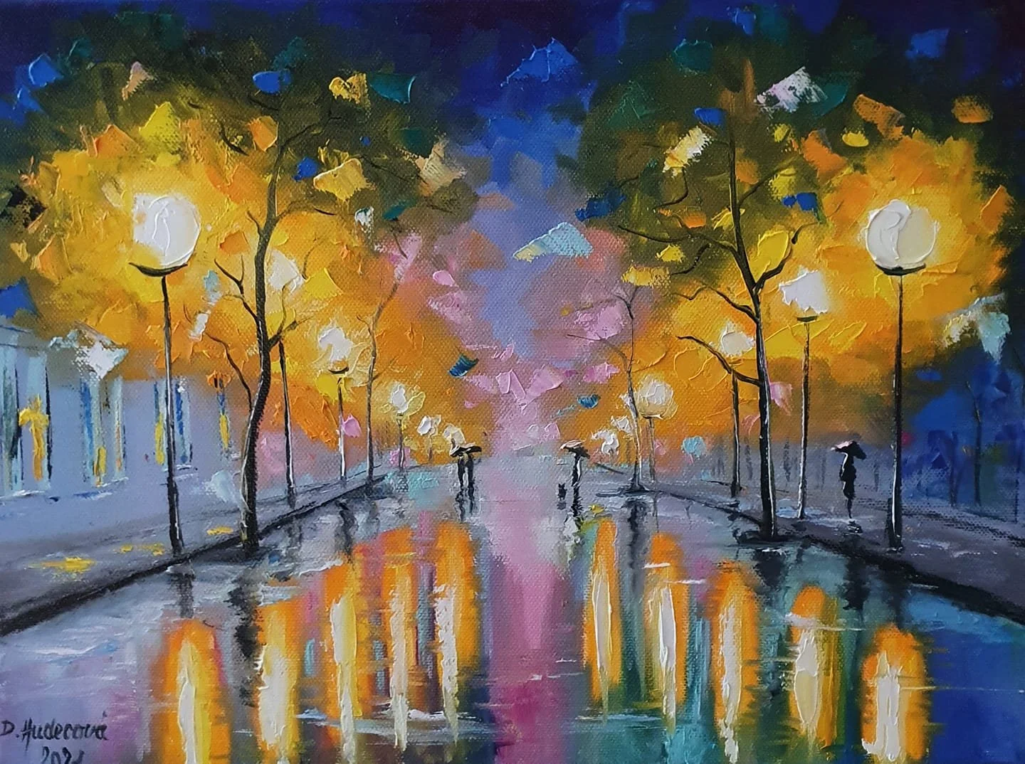 Ručne maľovaný obraz s večerným mestom. Osvetlená ulica v daždi.