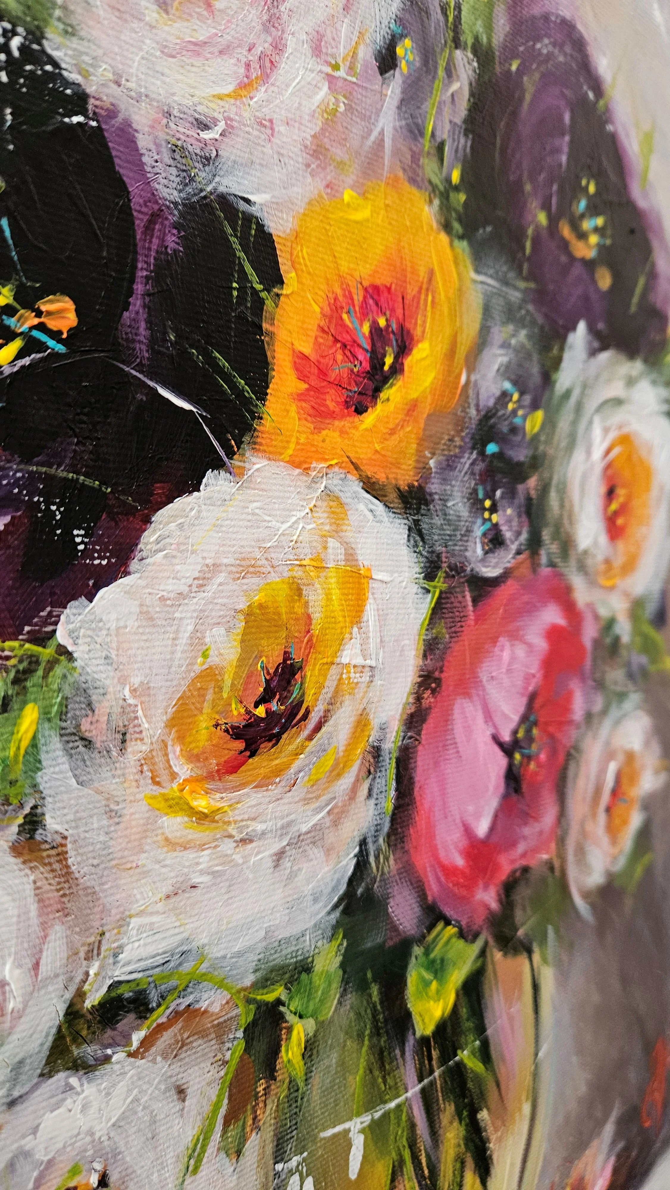 Letné farebné kvety vo váze. Zátišie s kvetmi. Ručne maľovaný obraz na predaj.