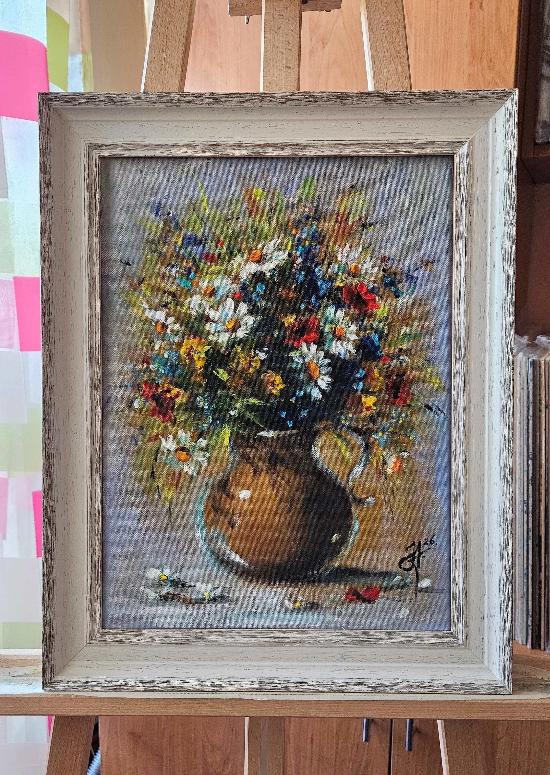 Lúčne kvety v džbáne. Zátišie s poľnými kvetmi. Ručne maľovaný obraz na predaj.