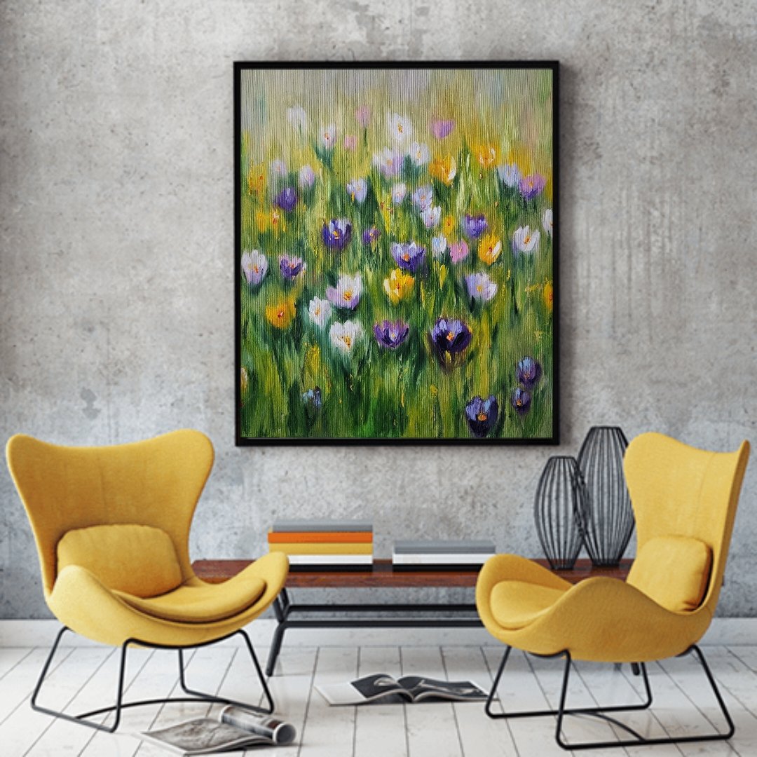 Jarné kvety v záhrade. Krokusy v tráve. Ručne maľovaný obraz na predaj.