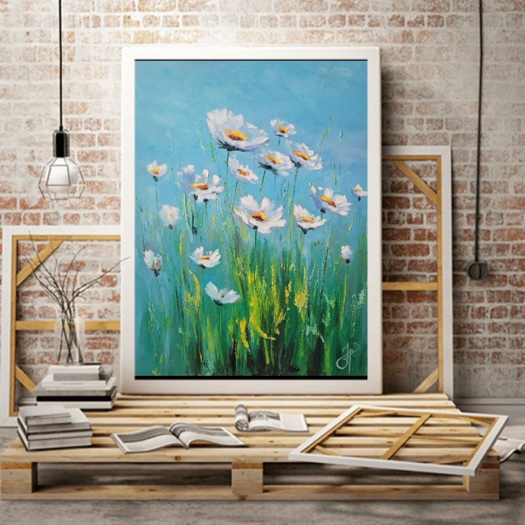 Margaréty na letnej lúke. Lúčne kvety. Ručne maľovaný obraz na predaj.