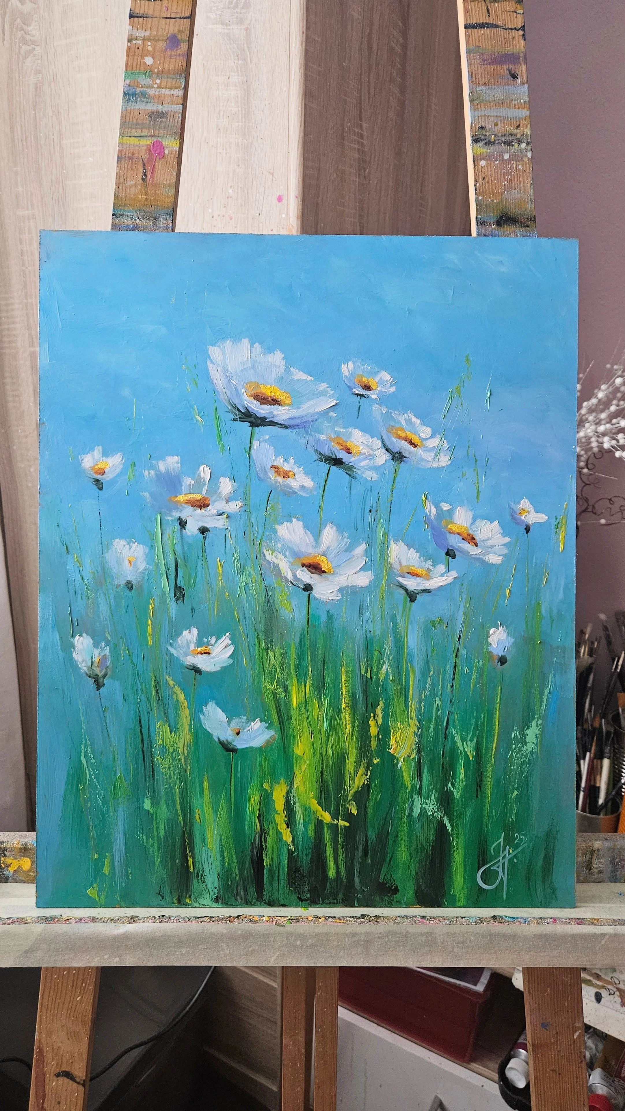 Margaréty na letnej lúke. Lúčne kvety. Ručne maľovaný obraz na predaj.