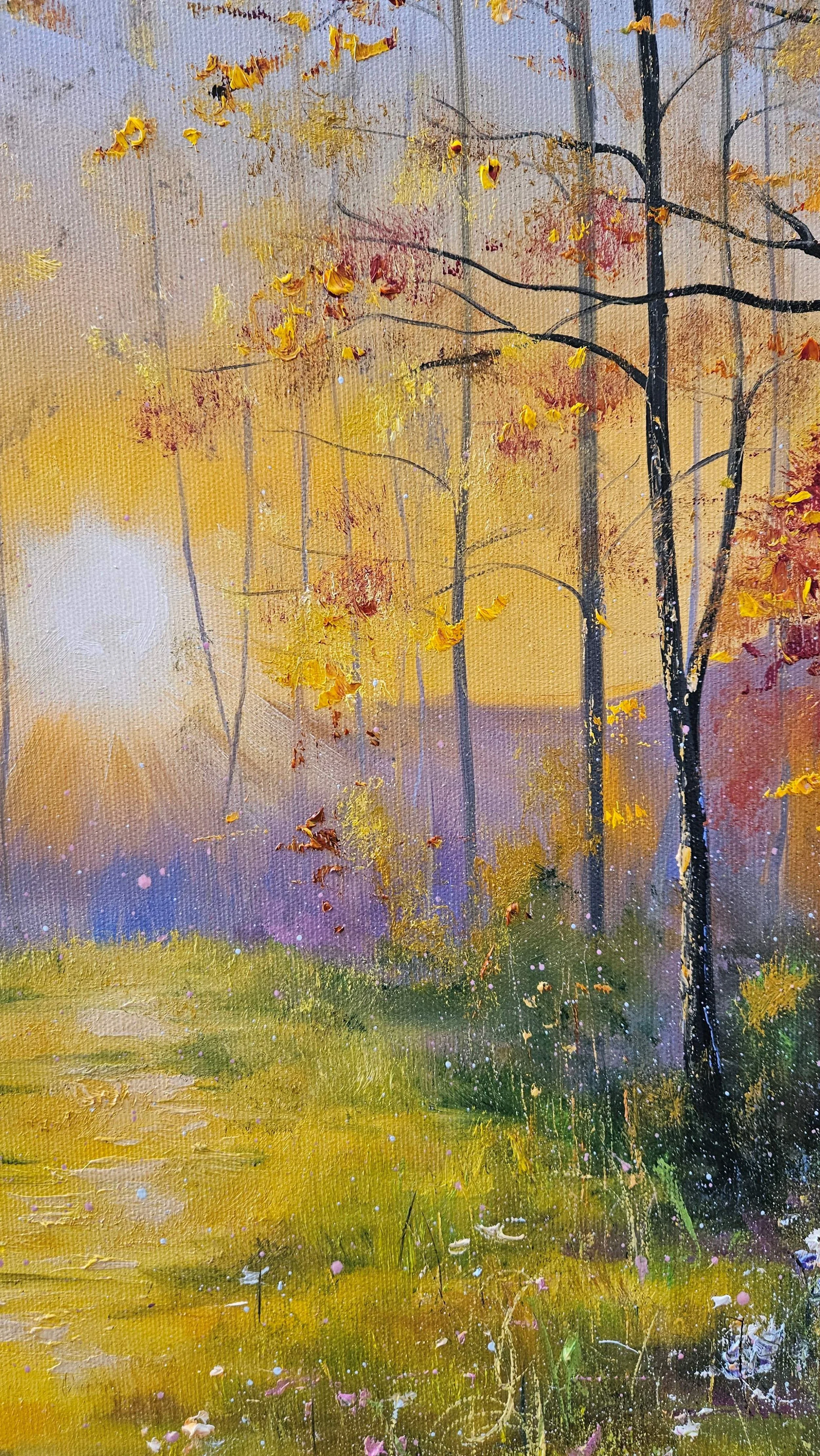 Slnečné ráno na čistinke v lese. Stromy, kvety, príroda. Ručne maľovaný obraz na predaj.