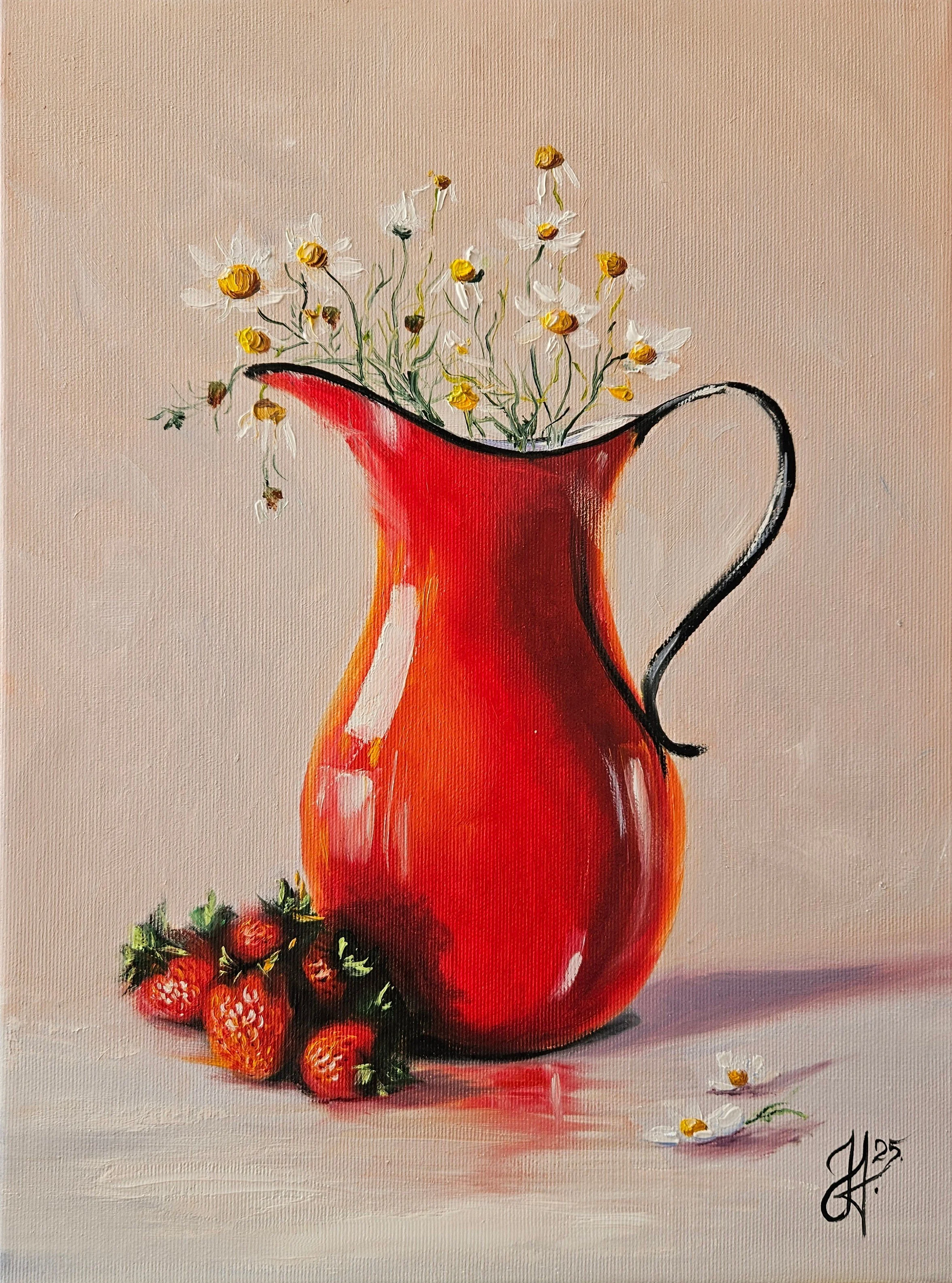 Červený džbán, jahody a harmanček. Zátišie. Vintage štýl. Ručne maľovaný obraz na predaj.