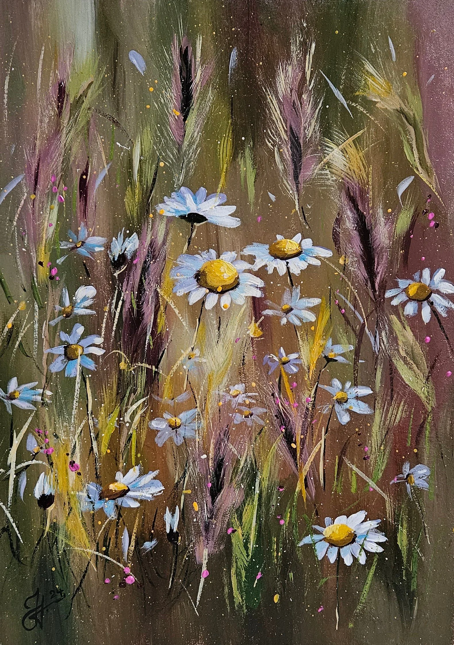 Harmanček na poli medzi lúčnymi kvetmi. Ručne maľovaný obraz s poľnými kvetmi na lúke.