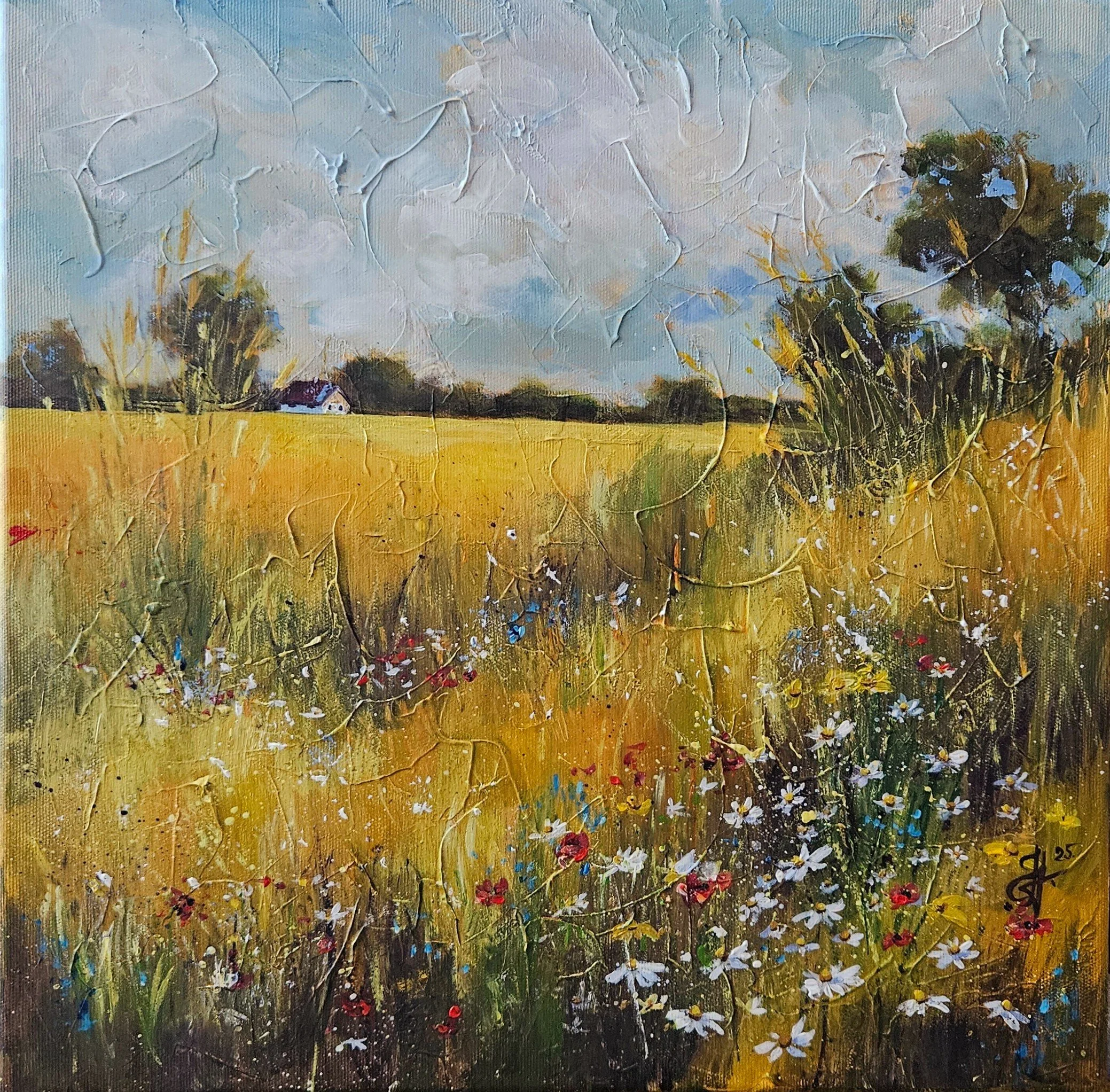 Letný deň v prírode na lúke. Domček, polia, stromy. Krajinka. Ručne maľovaný obraz na predaj.