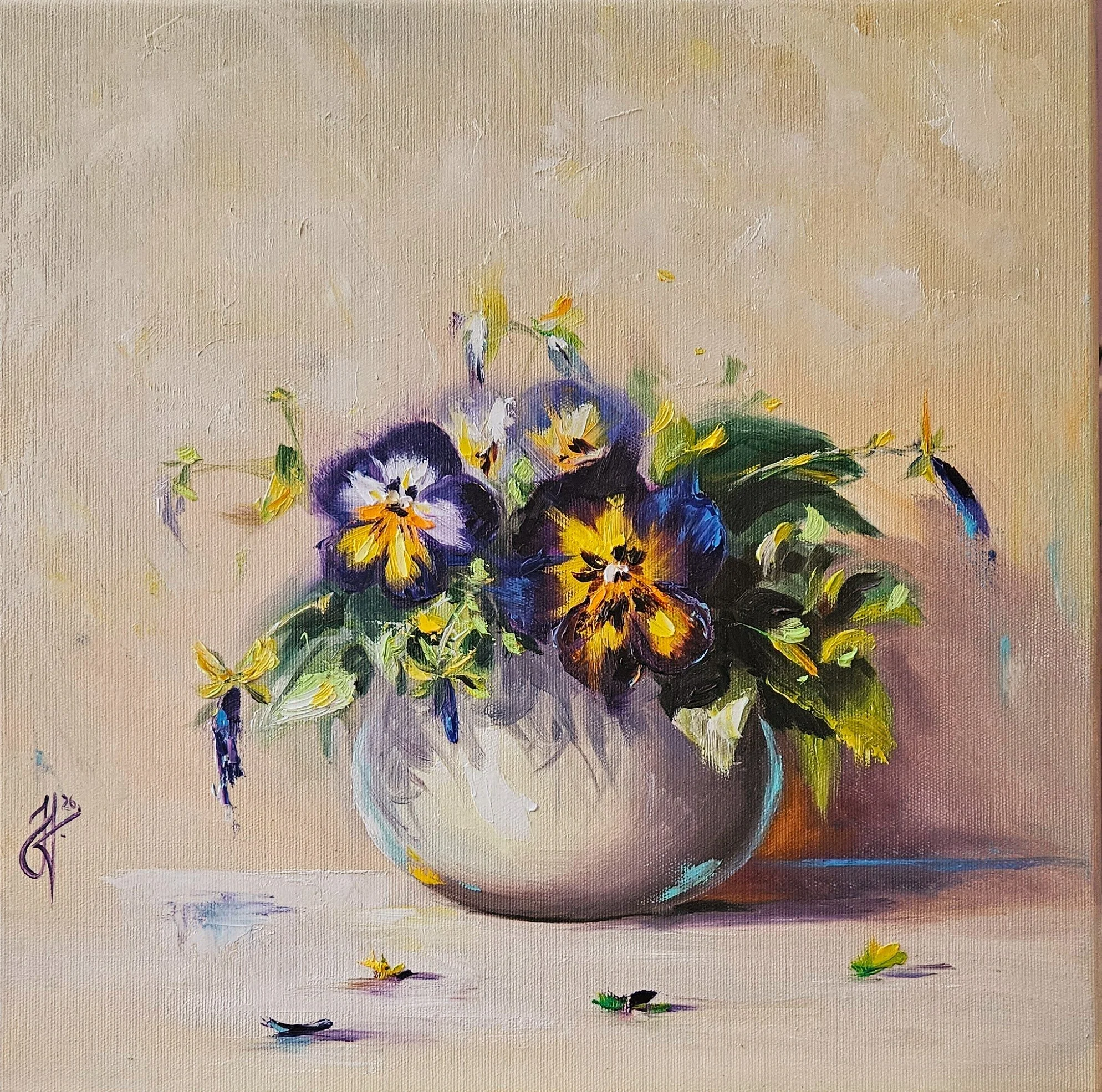 Fialové sirôtky vo váze. Zátišie s kvetmi. Ručne maľovaný vintage obraz na predaj.