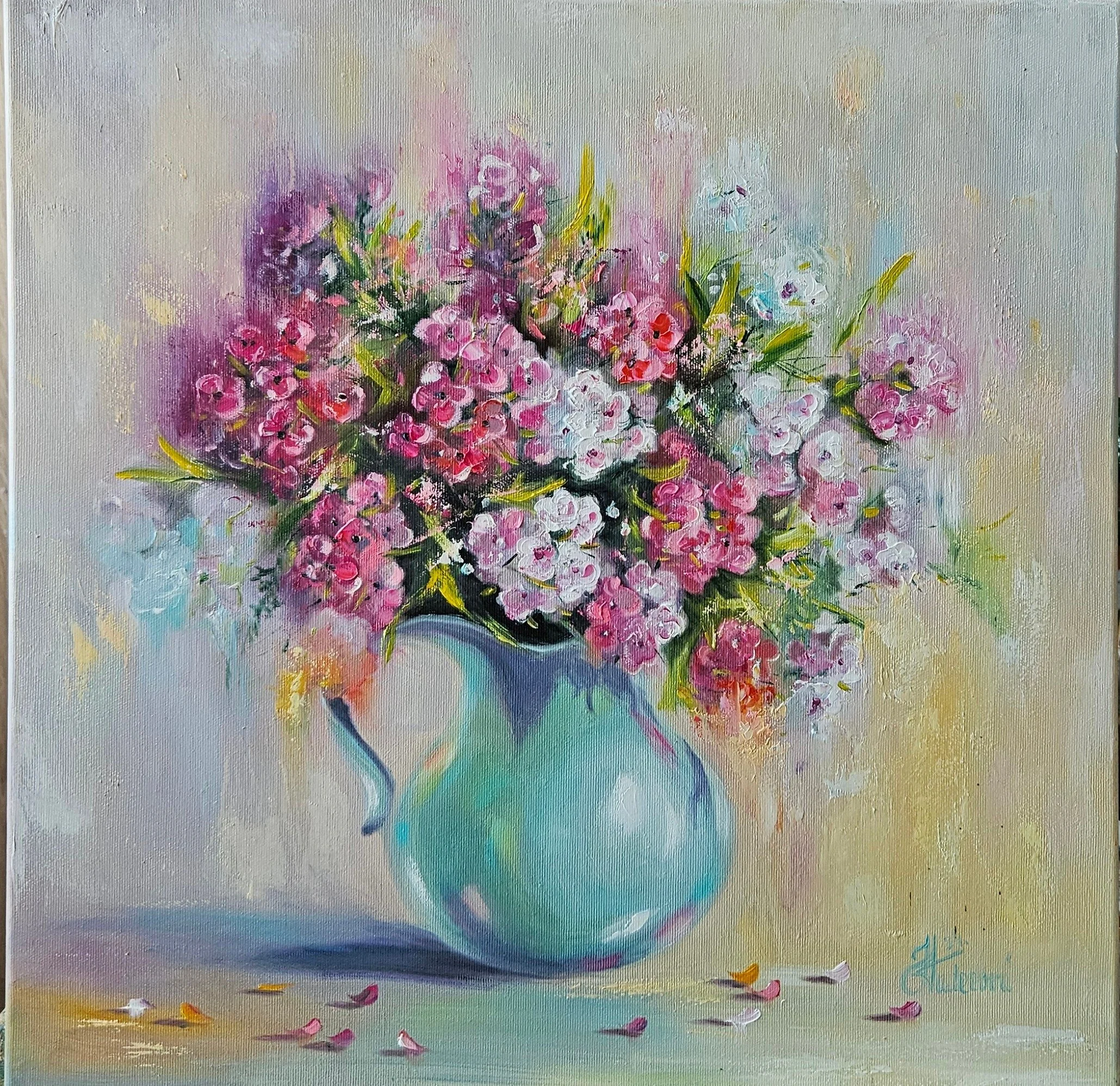 Farebná kytica kvetov  v tyrkysovej váze. Zátišie s kvetmi. Floksy. Flowers painting.