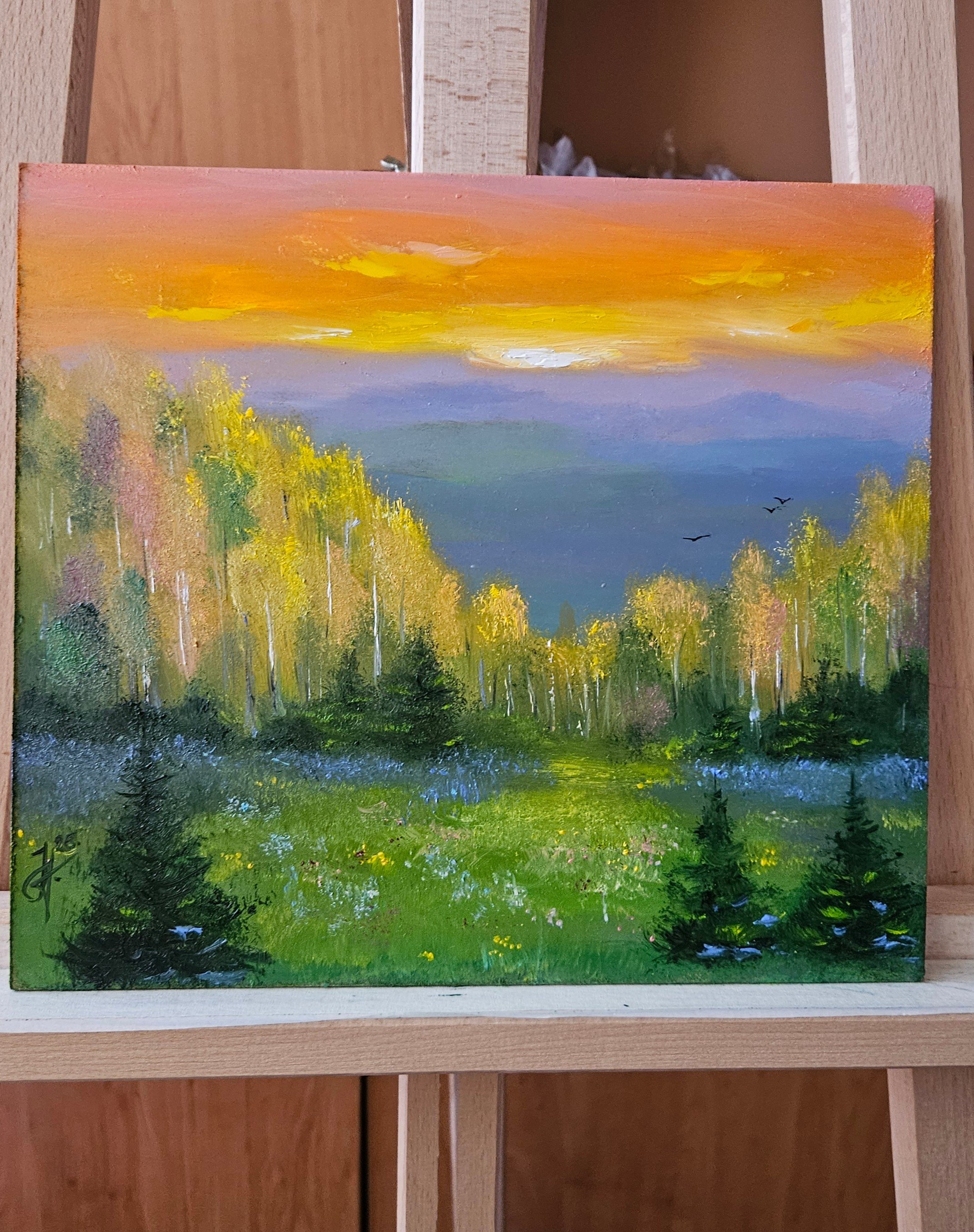 Večer na letnej lúke. Západ slnka,  lúka, stromy. Ručne maľovaný obraz na predaj.