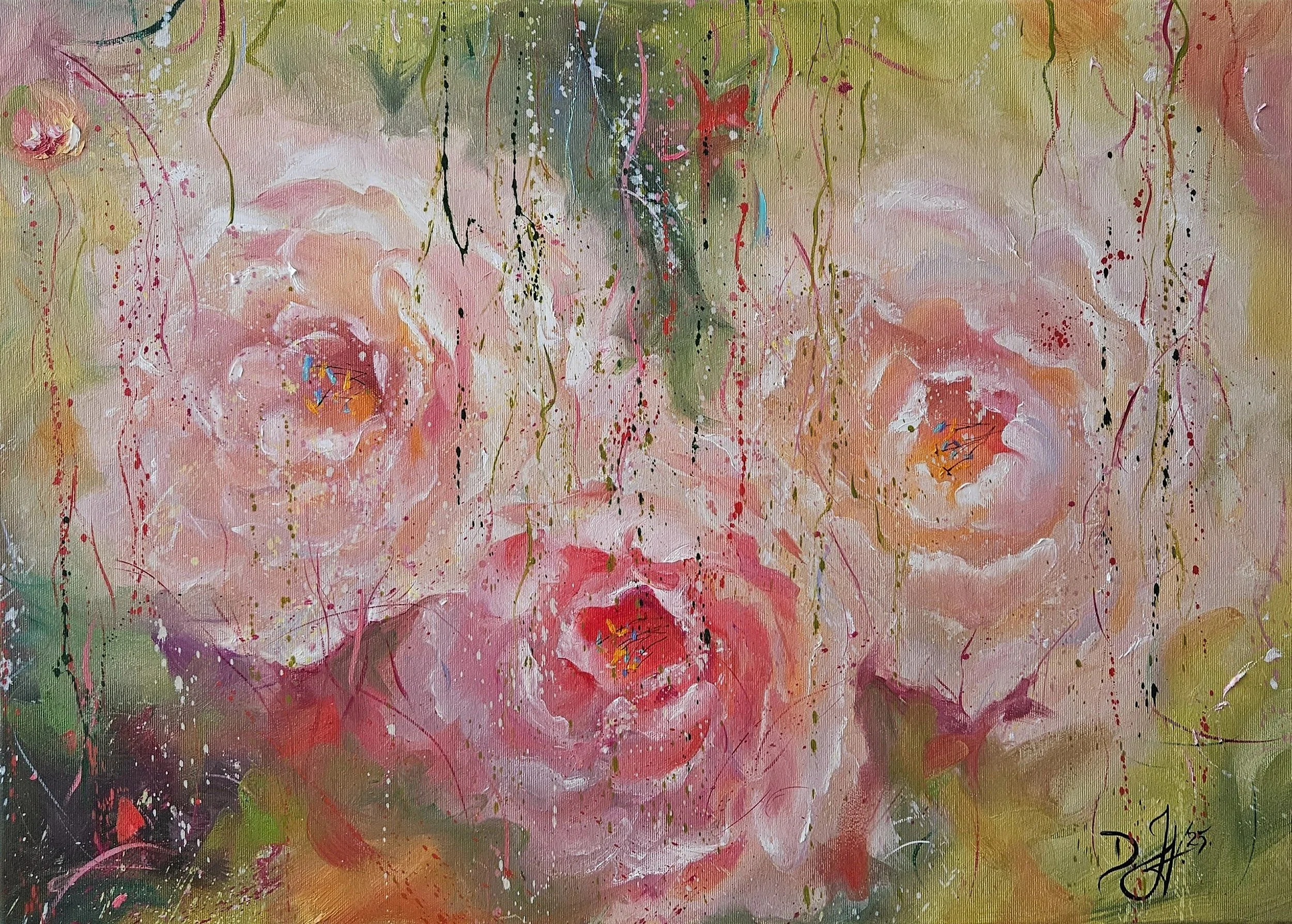 Zátišie s kvetmi. Veľké ružové pivónie na zelenom pozadí. Ručne maľovaný obraz.