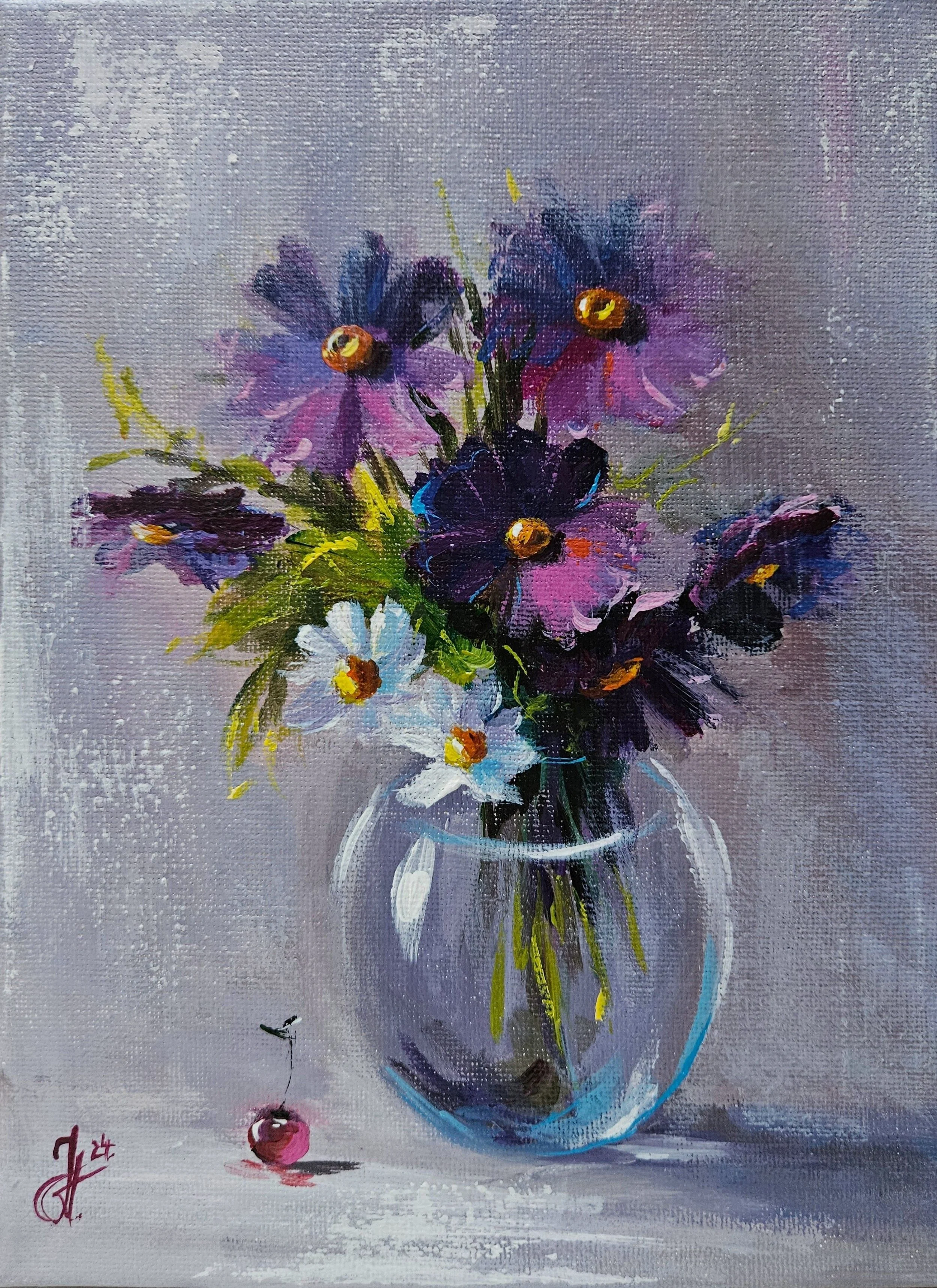 Zátišie s kvetmi. Fialové krasule vo váze. Vidiecky vintage štýl. Originál ručne maľovaný obraz akrylom na plátne.