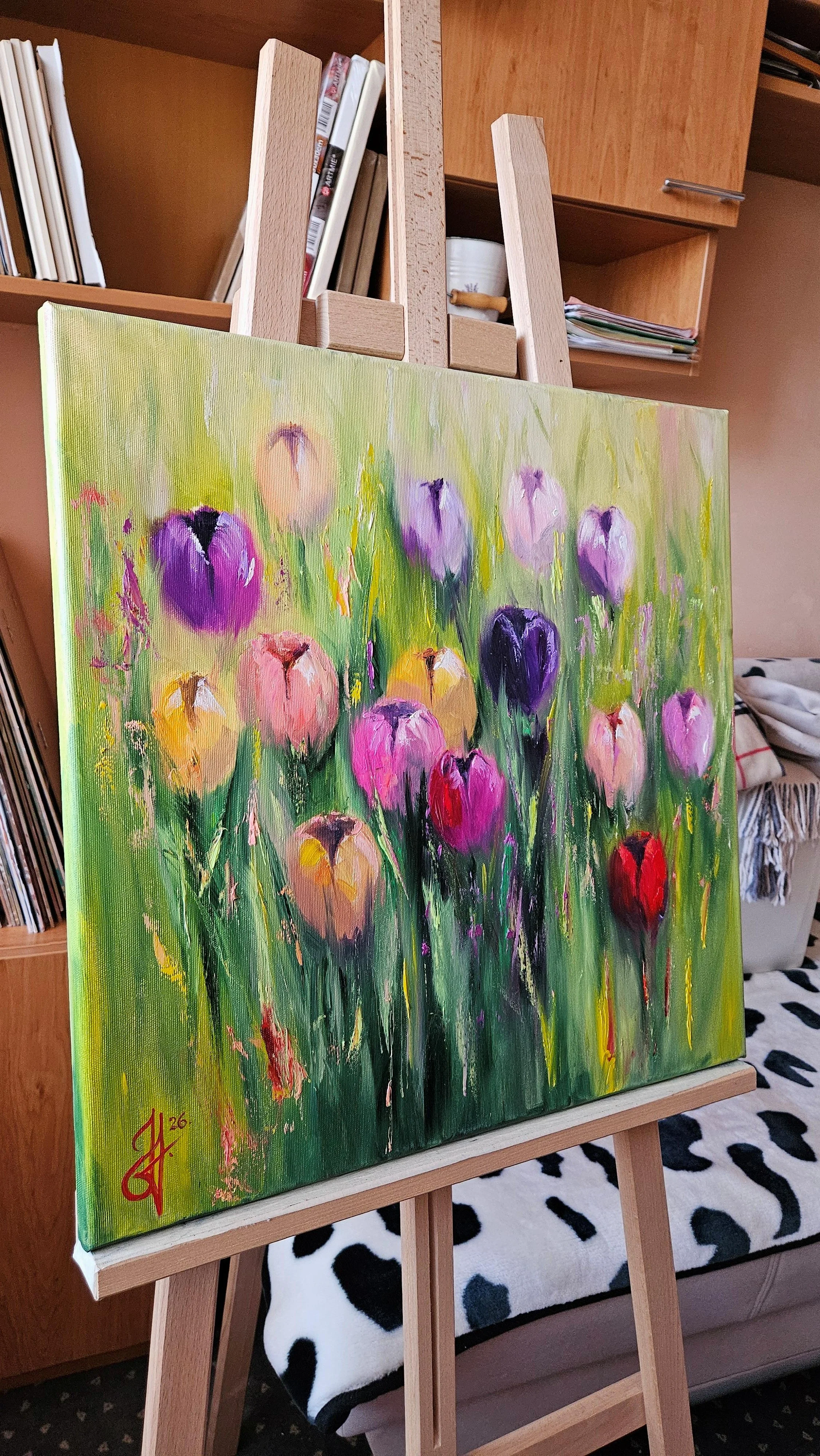 Jarné kvety.  Farebné tulipány v záhrade. Moderný ručne maľovaný obraz na predaj.