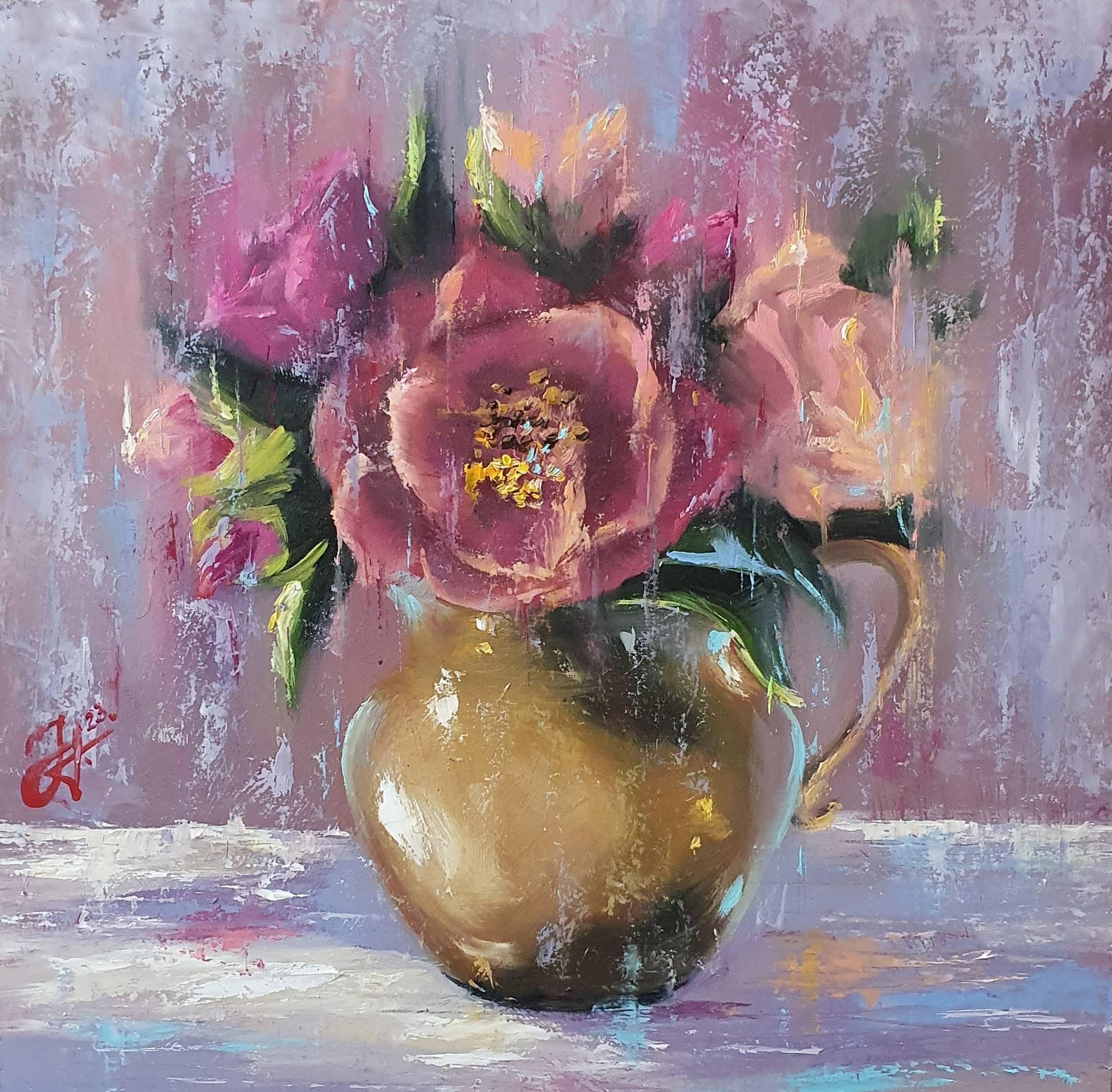 Obraz "Kvety v zlatej váze" - rozmer 29.5x30 cm