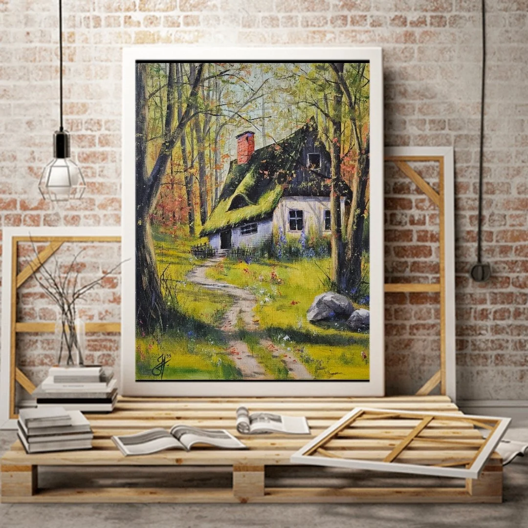 Elfský domček v lese. Letná príroda, chalúpka, stromy. Ručne maľovaný obraz na predaj.