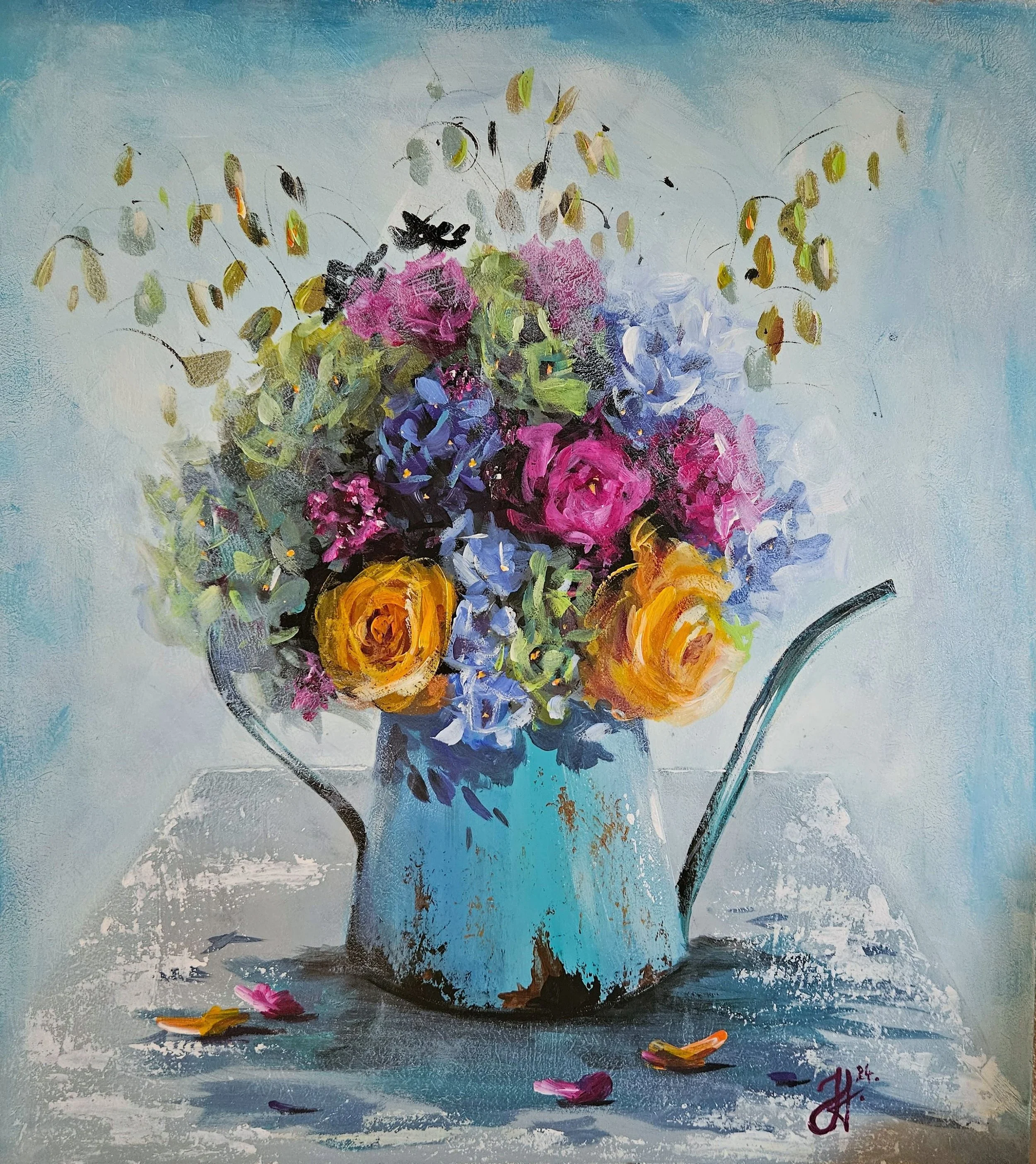 Ručne maľovaný obraz "Kvety v tyrkysovej konvičke". Vintage štýl. Zátišie s kvetmi.