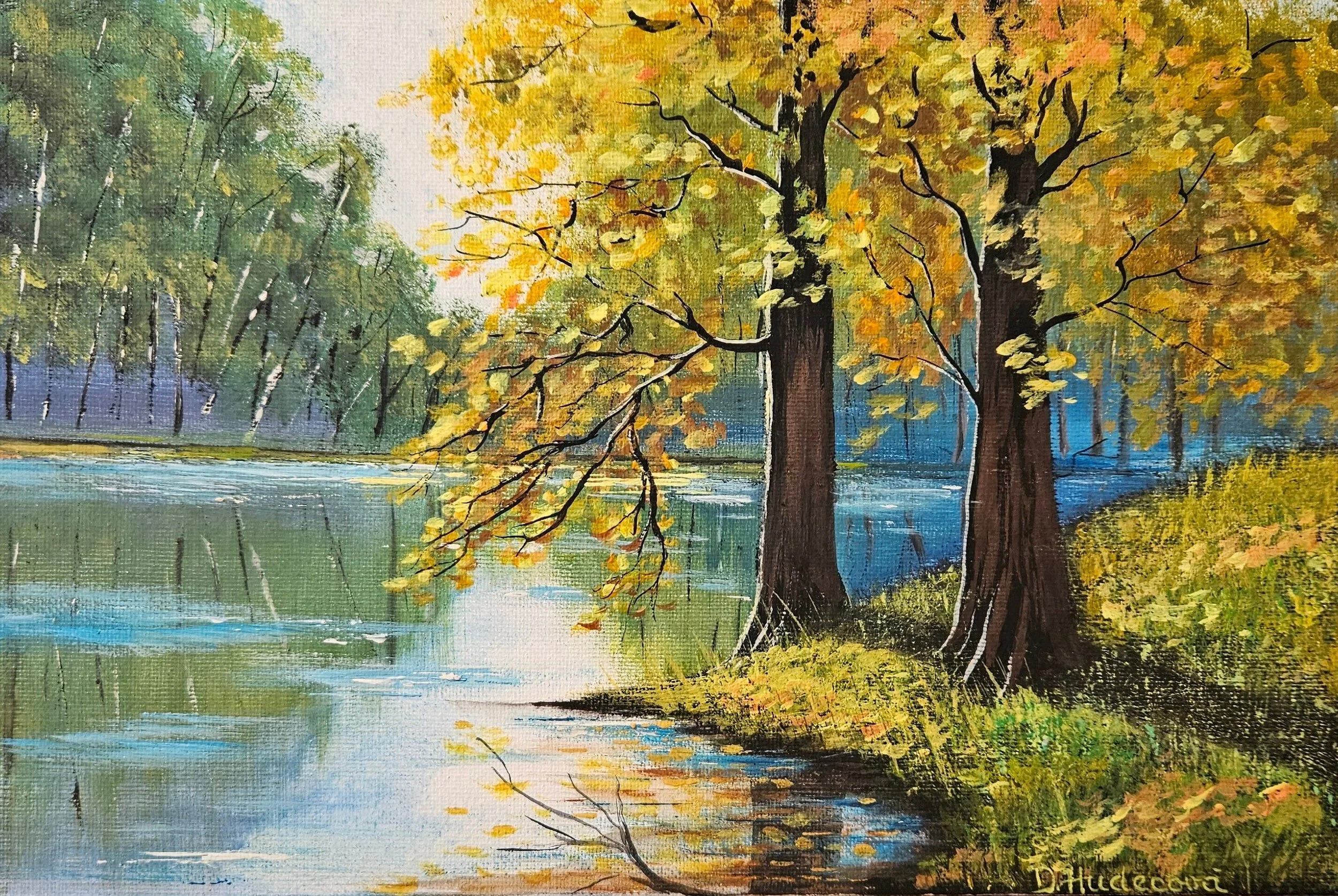 Stromy pri vode. Príroda, leto