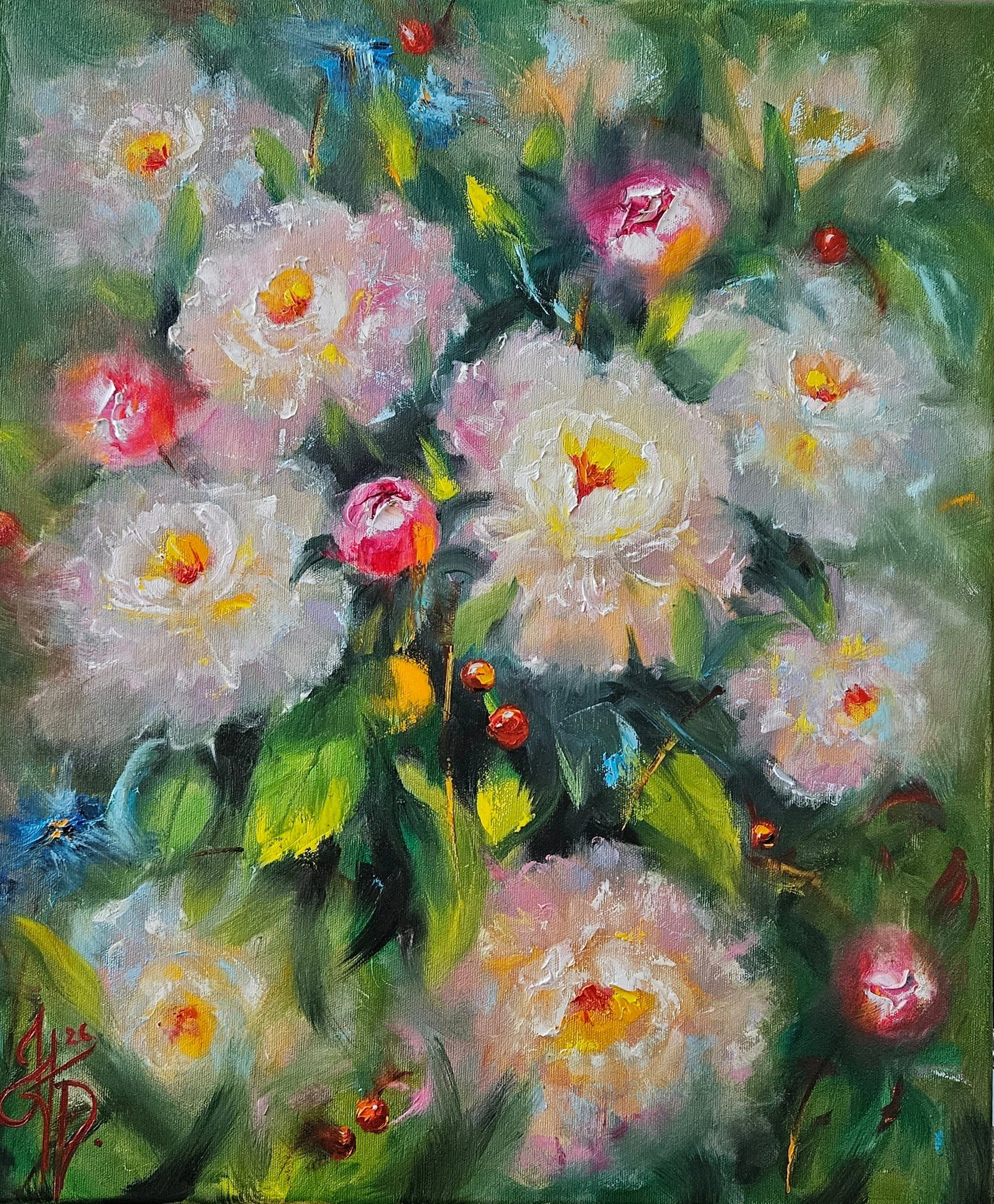 Olejomaľba "Pivónie v záhrade" - rozmer 50x60cm