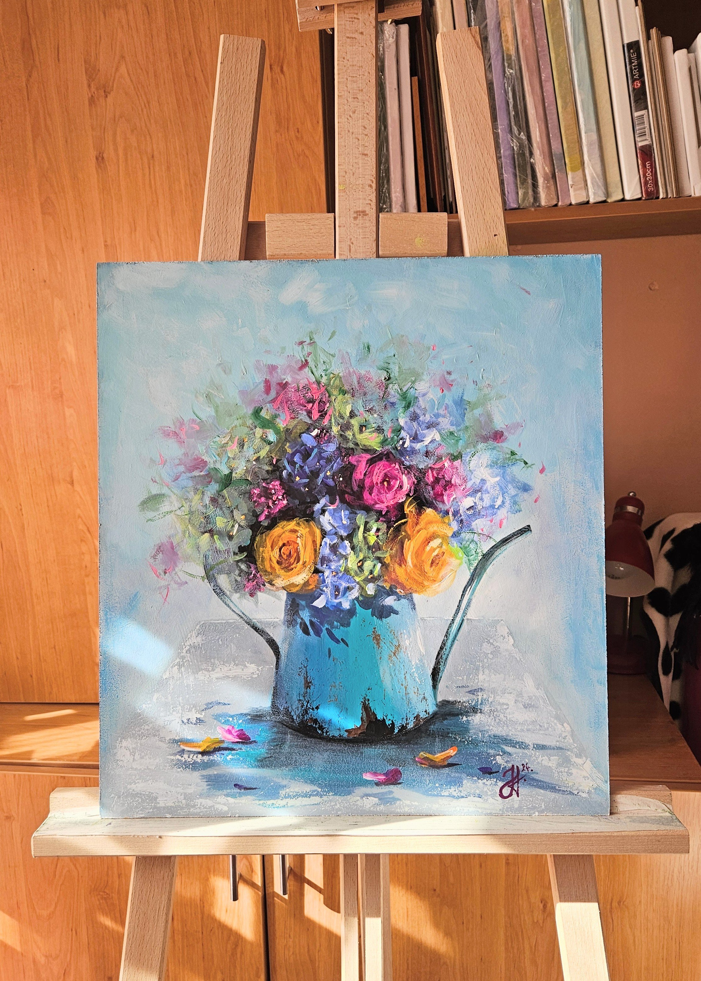 Ručne maľovaný obraz "Kvety v tyrkysovej konvičke". Vintage štýl. Zátišie s kvetmi.