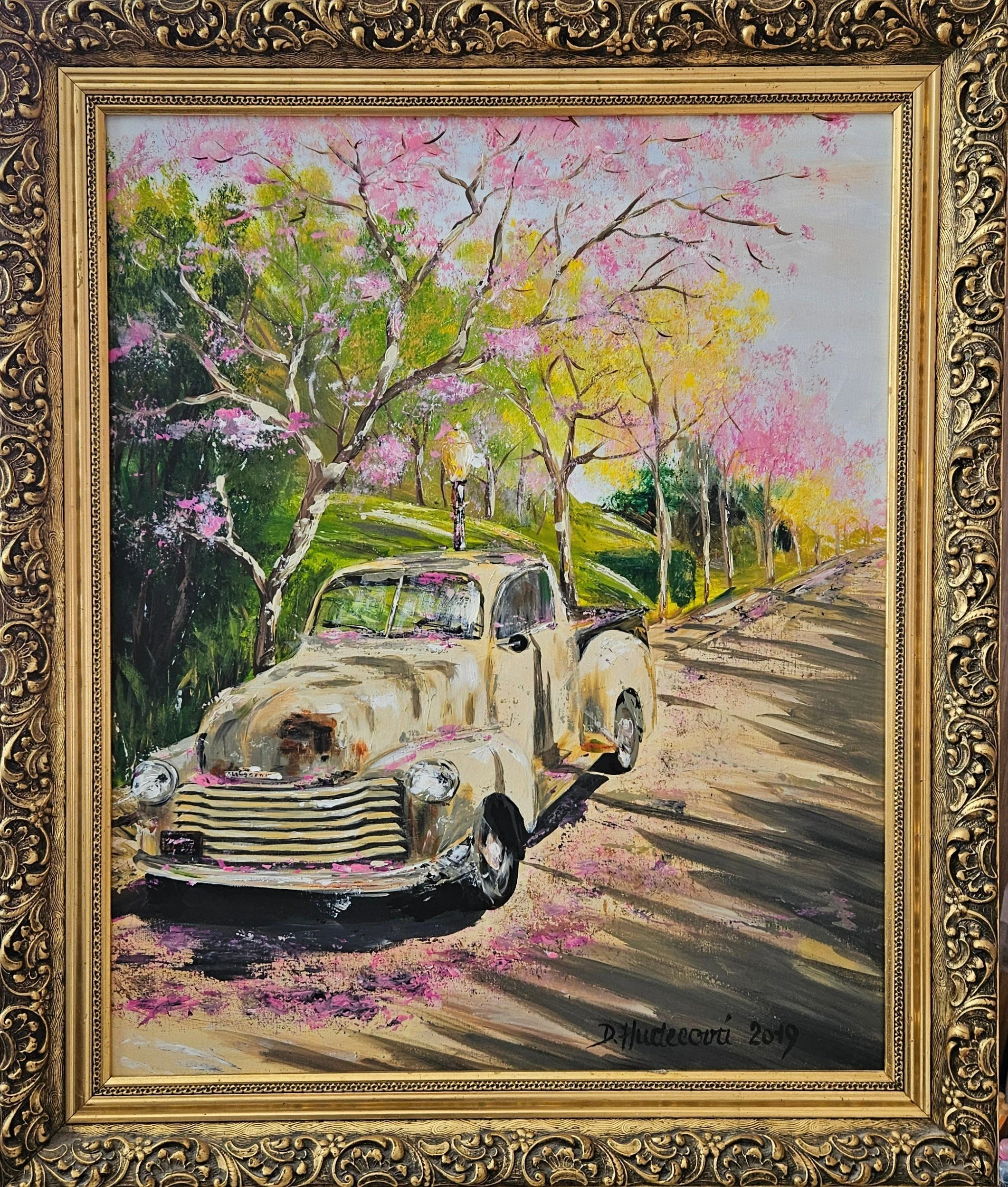 Auto - veterán v jarnej aleji v parku. Zarámovaný obraz. Ručne maľovaný obraz .