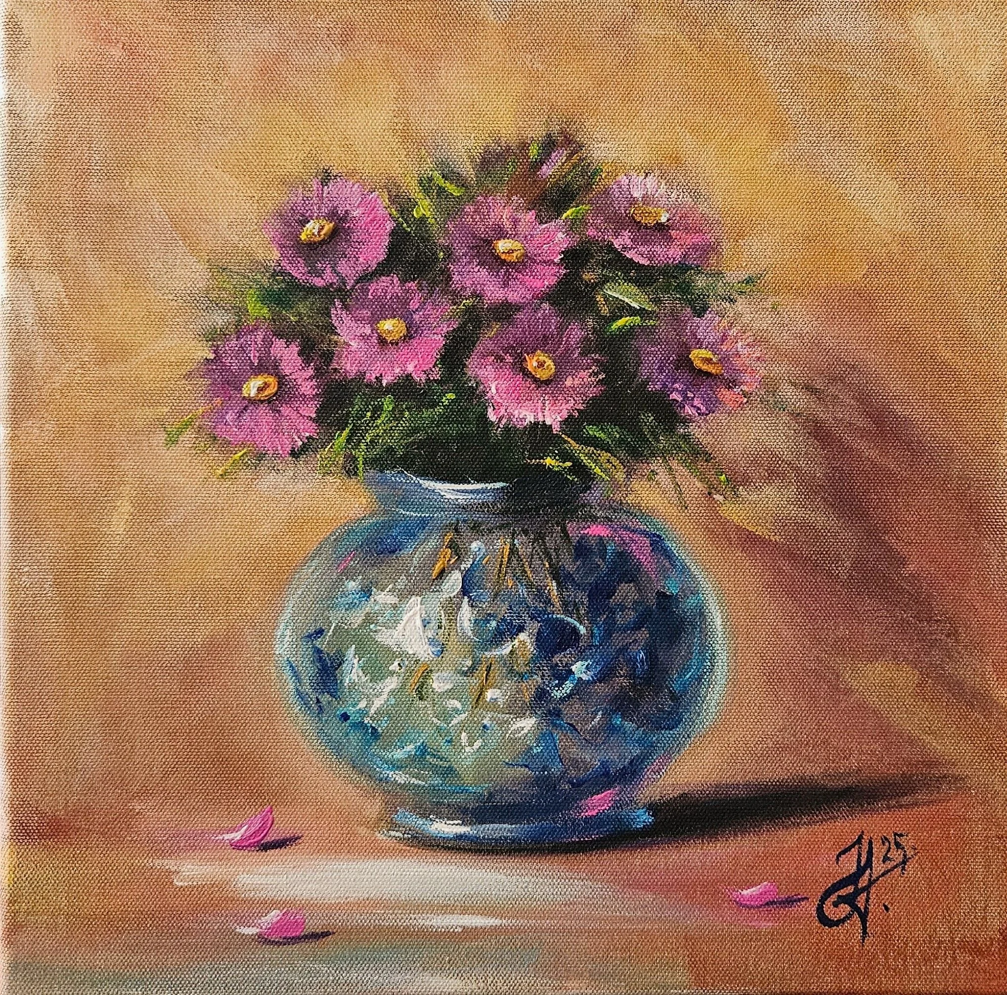 Fialové astry vo váze. Ručne maľovaný obraz na predaj.